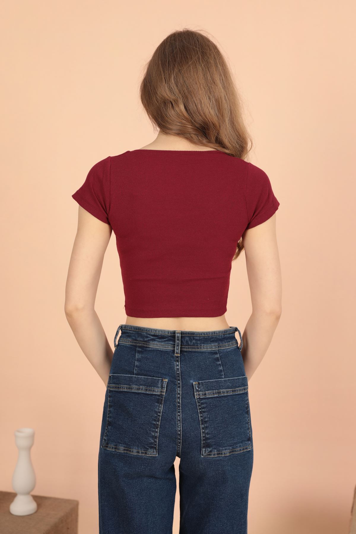 Göz Nakışlı Kısa Kol Kaşkorse Crop-Bordo