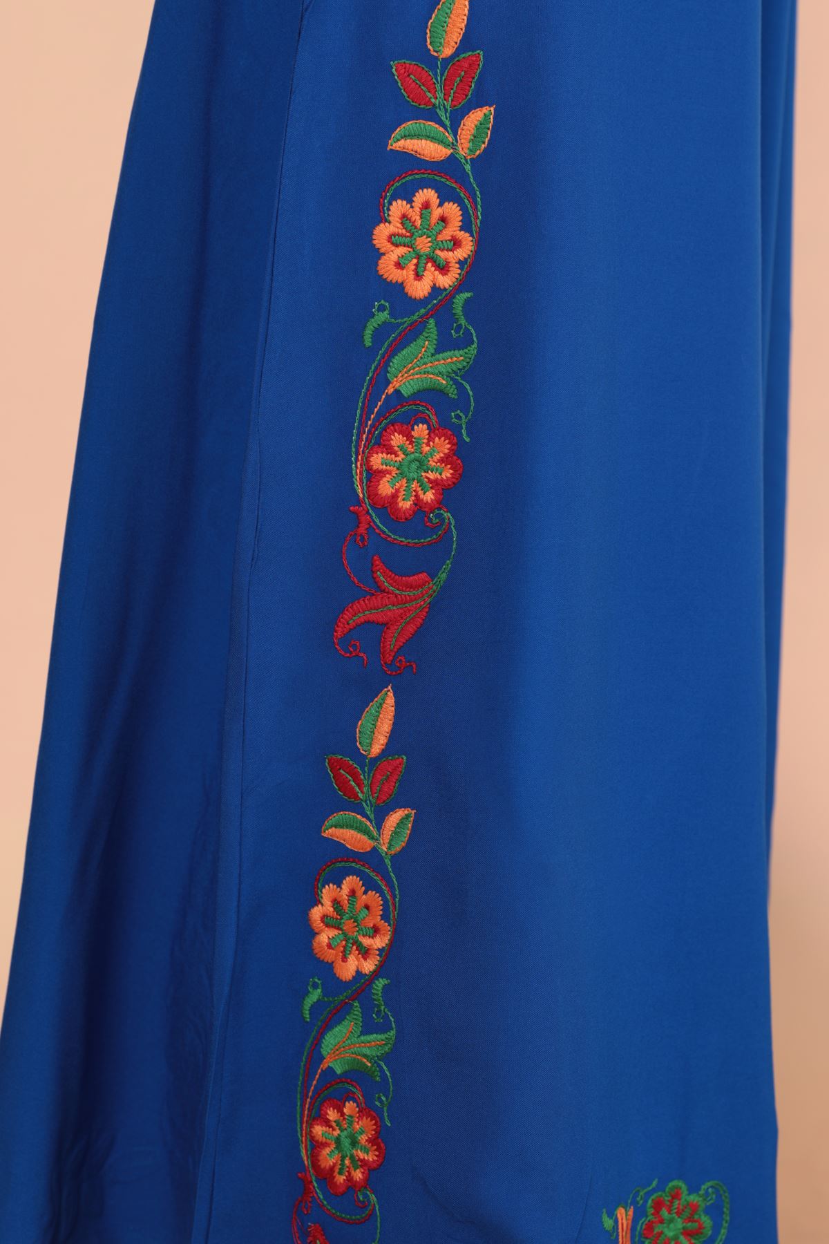 Floral Embroidered Viscose Elastic Trousers-Royal