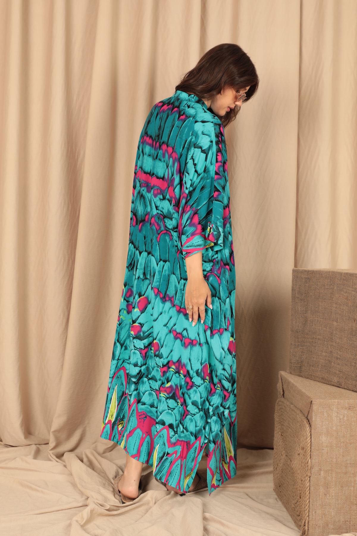Viscose Fabric Buttoned Long Women's Dress-Blue