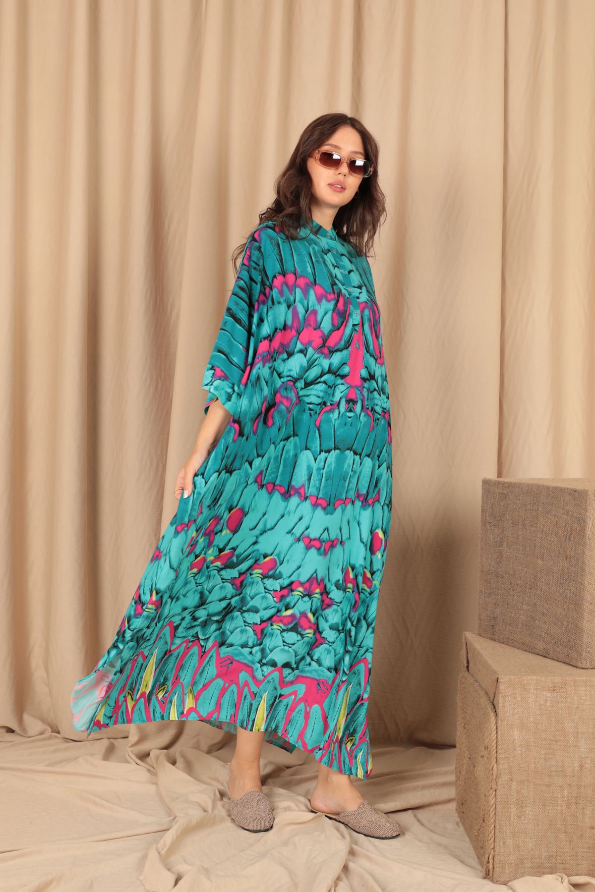 Viscose Fabric Buttoned Long Women's Dress-Blue