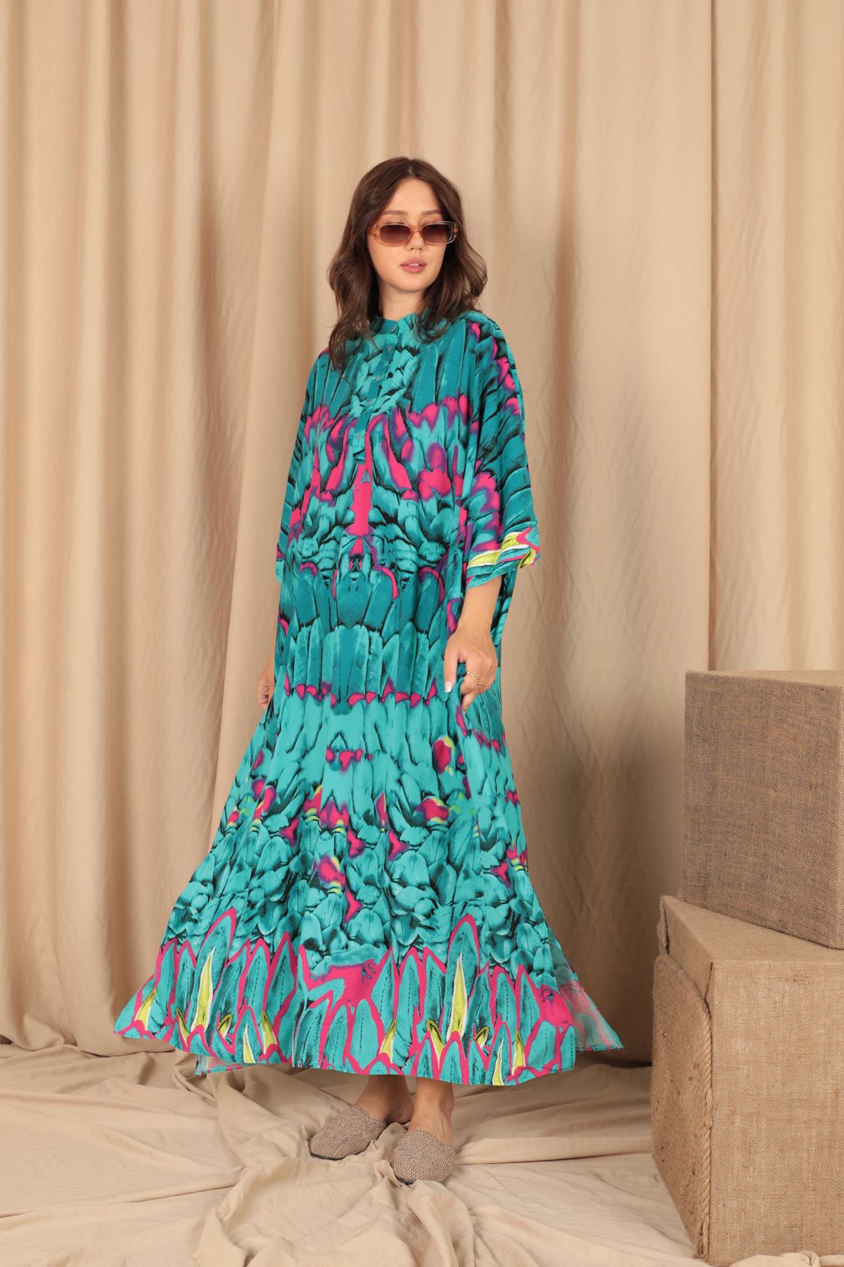 Viscose Fabric Buttoned Long Women's Dress-Blue