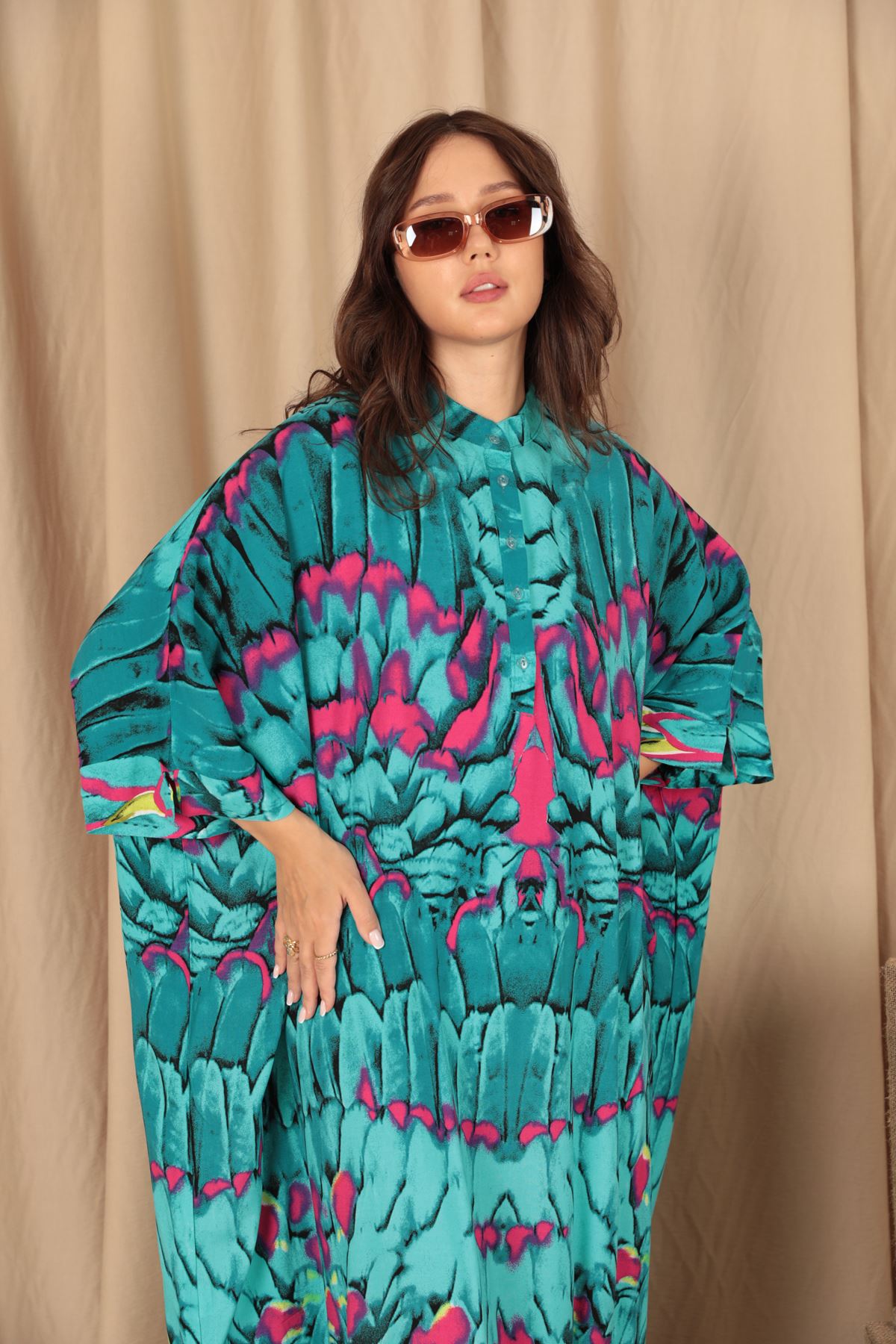 Viscose Fabric Buttoned Long Women's Dress-Blue