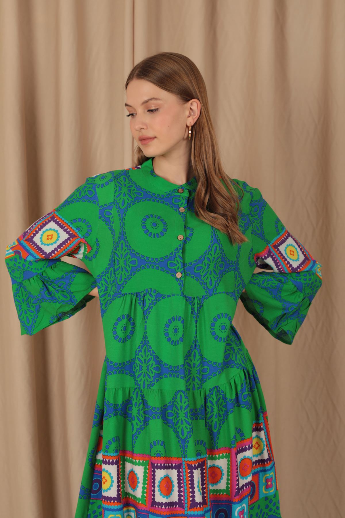 Viskon Empirme Kumaş Hakim Yakalı Düğmeli Kadın Elbise-Yeşil