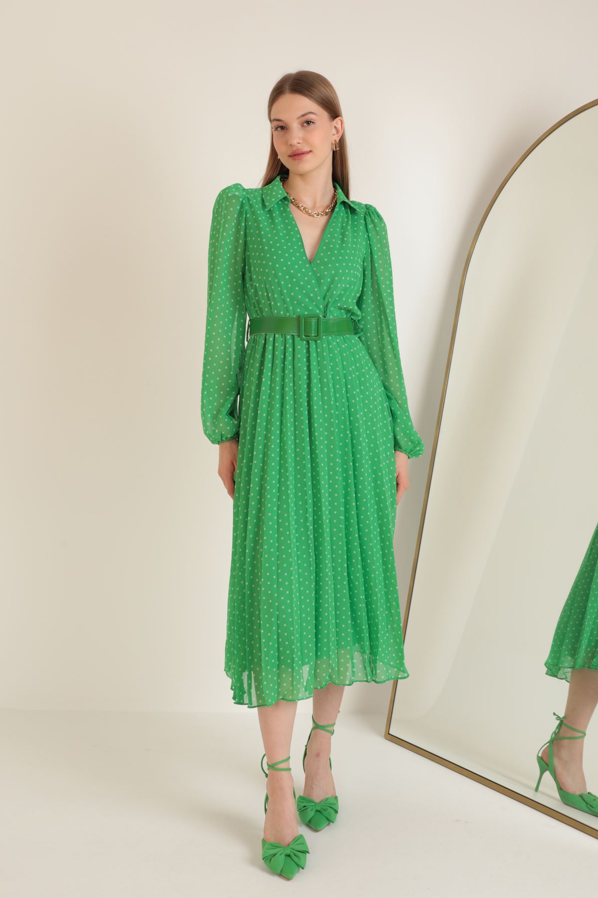 Empirme Şifon Kumaş Eteği Piliseli Kadın Elbise-Yeşil