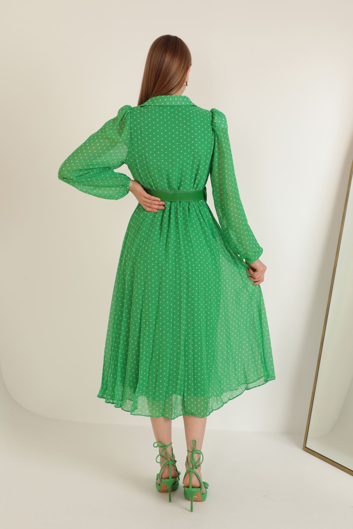 Empirme Şifon Kumaş Eteği Piliseli Kadın Elbise-Yeşil