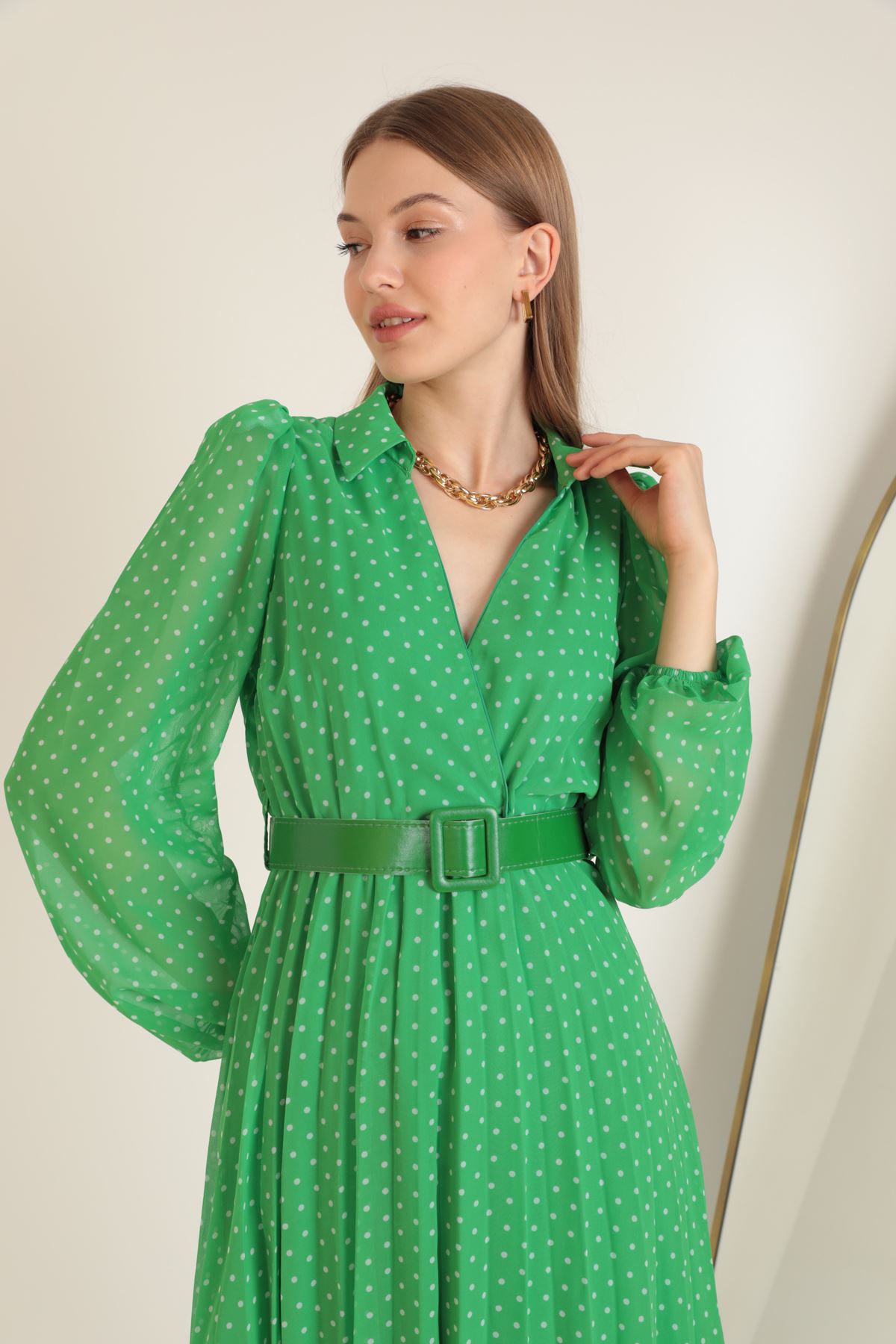 Empirme Şifon Kumaş Eteği Piliseli Kadın Elbise-Yeşil