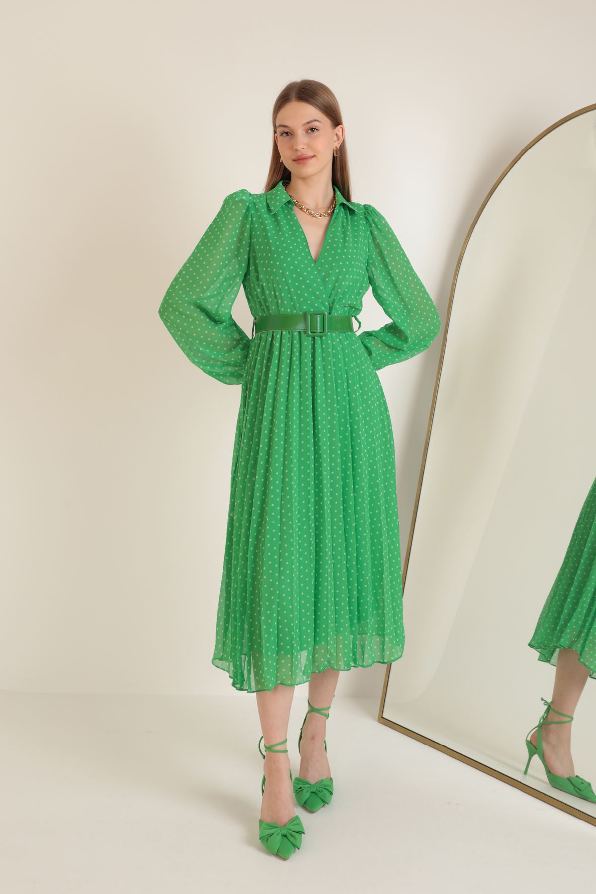 Empirme Şifon Kumaş Eteği Piliseli Kadın Elbise-Yeşil