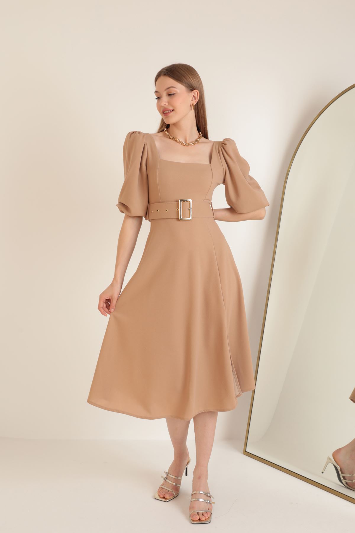 Krep Kumaş Balon Kol Kadın Elbise-Bej
