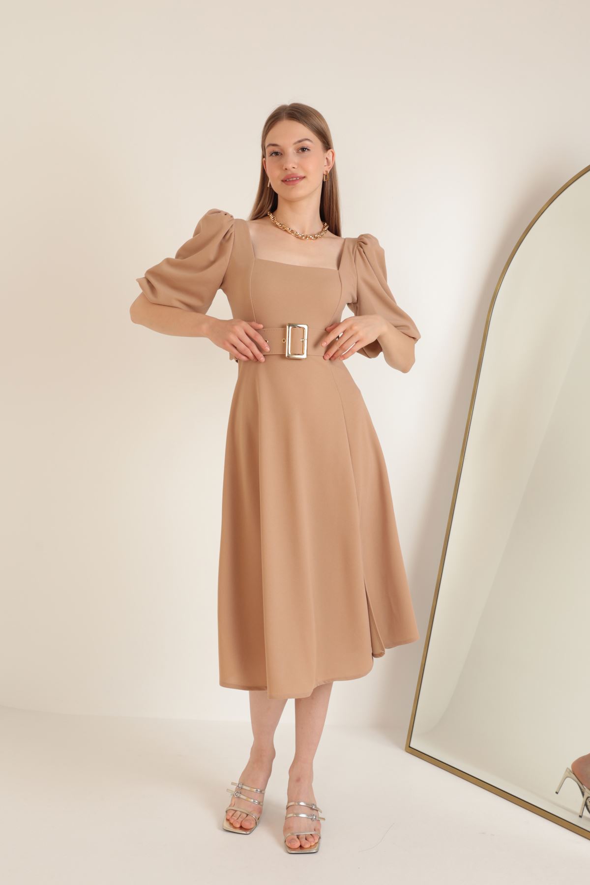 Krep Kumaş Balon Kol Kadın Elbise-Bej
