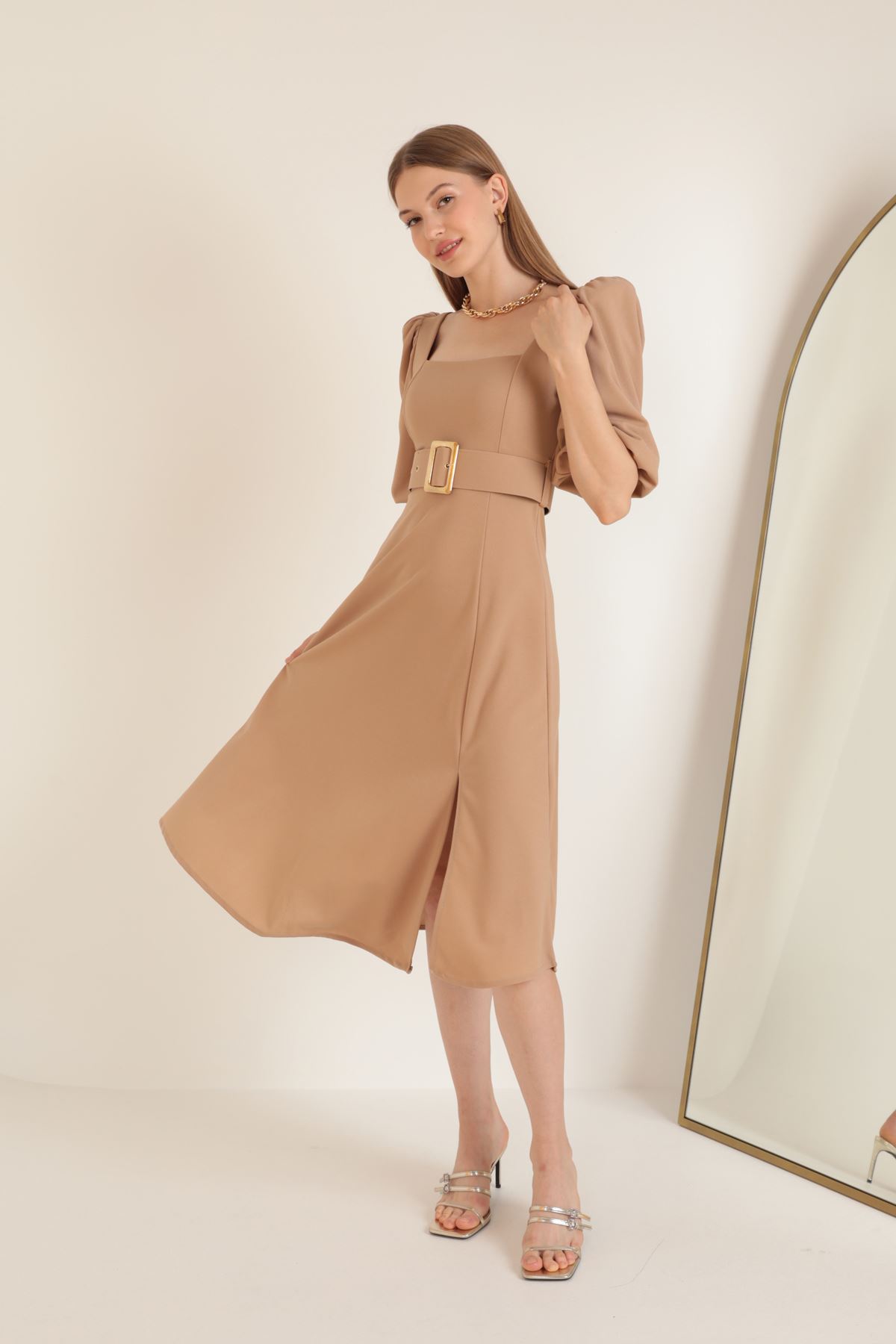 Krep Kumaş Balon Kol Kadın Elbise-Bej