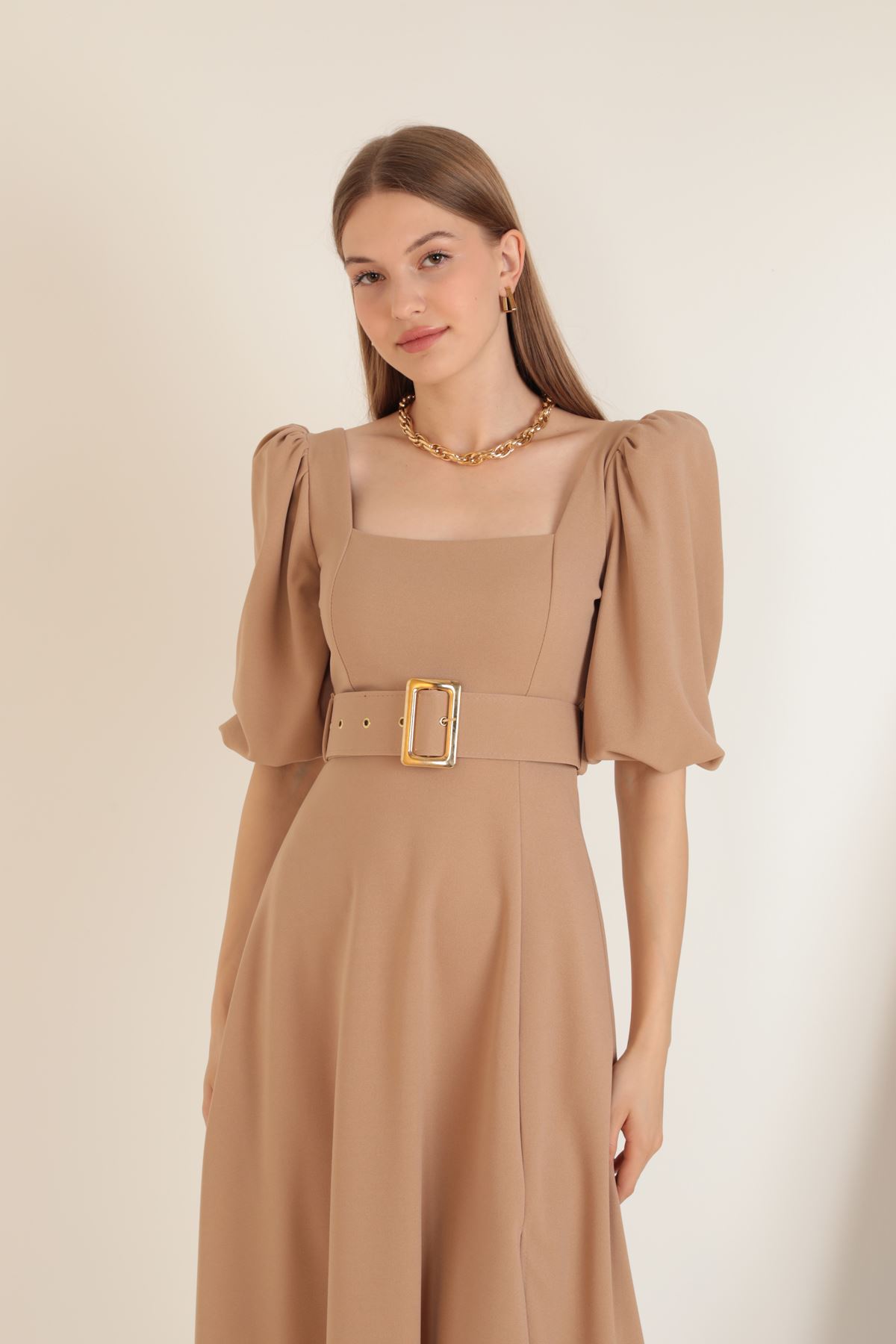 Krep Kumaş Balon Kol Kadın Elbise-Bej