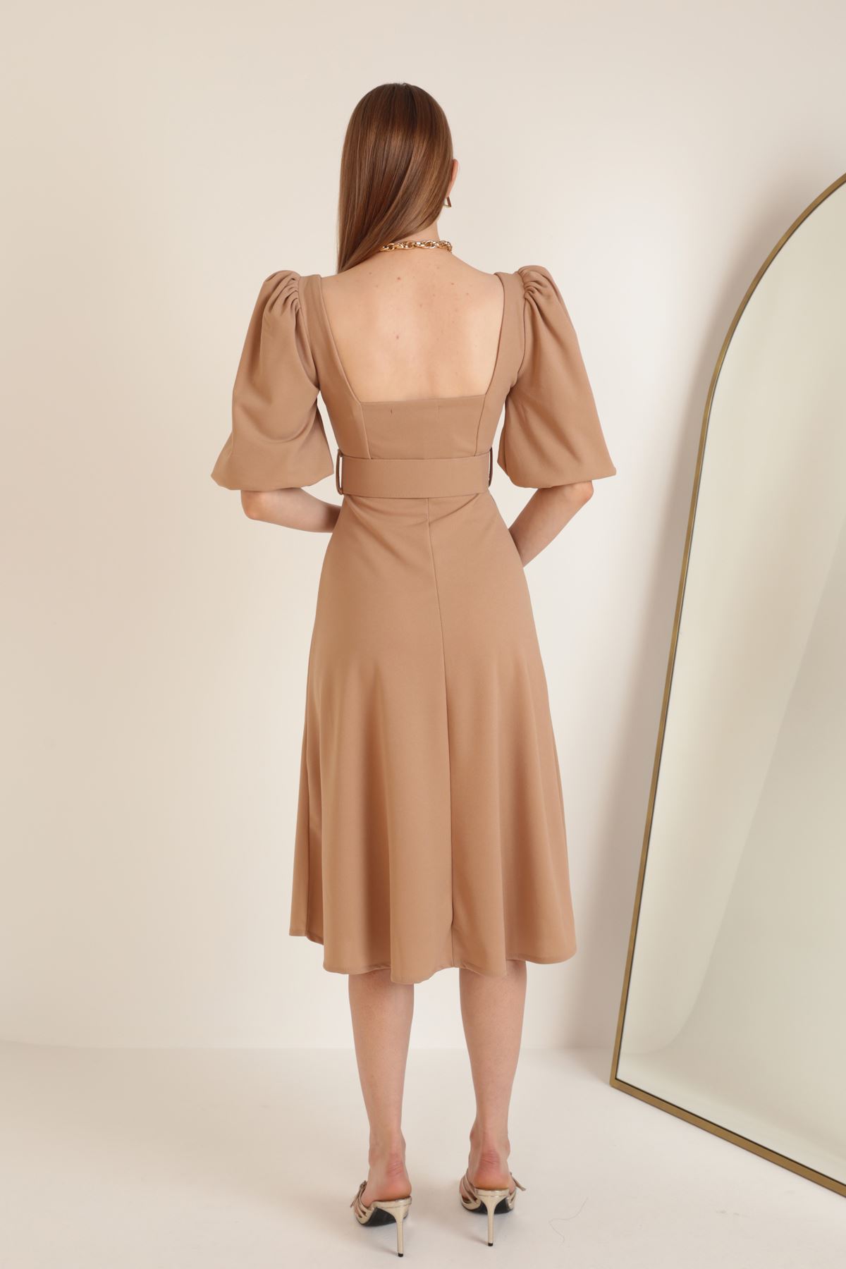 Krep Kumaş Balon Kol Kadın Elbise-Bej