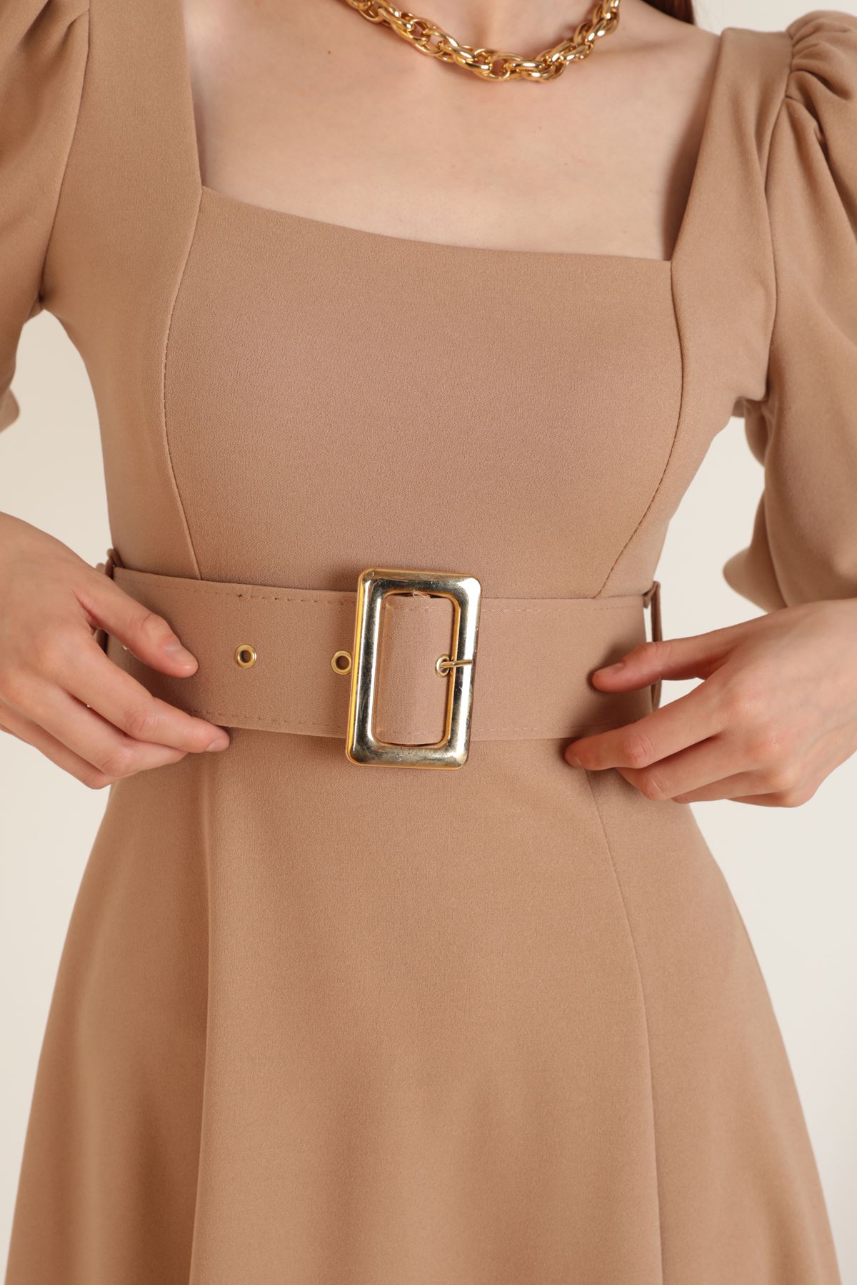 Krep Kumaş Balon Kol Kadın Elbise-Bej