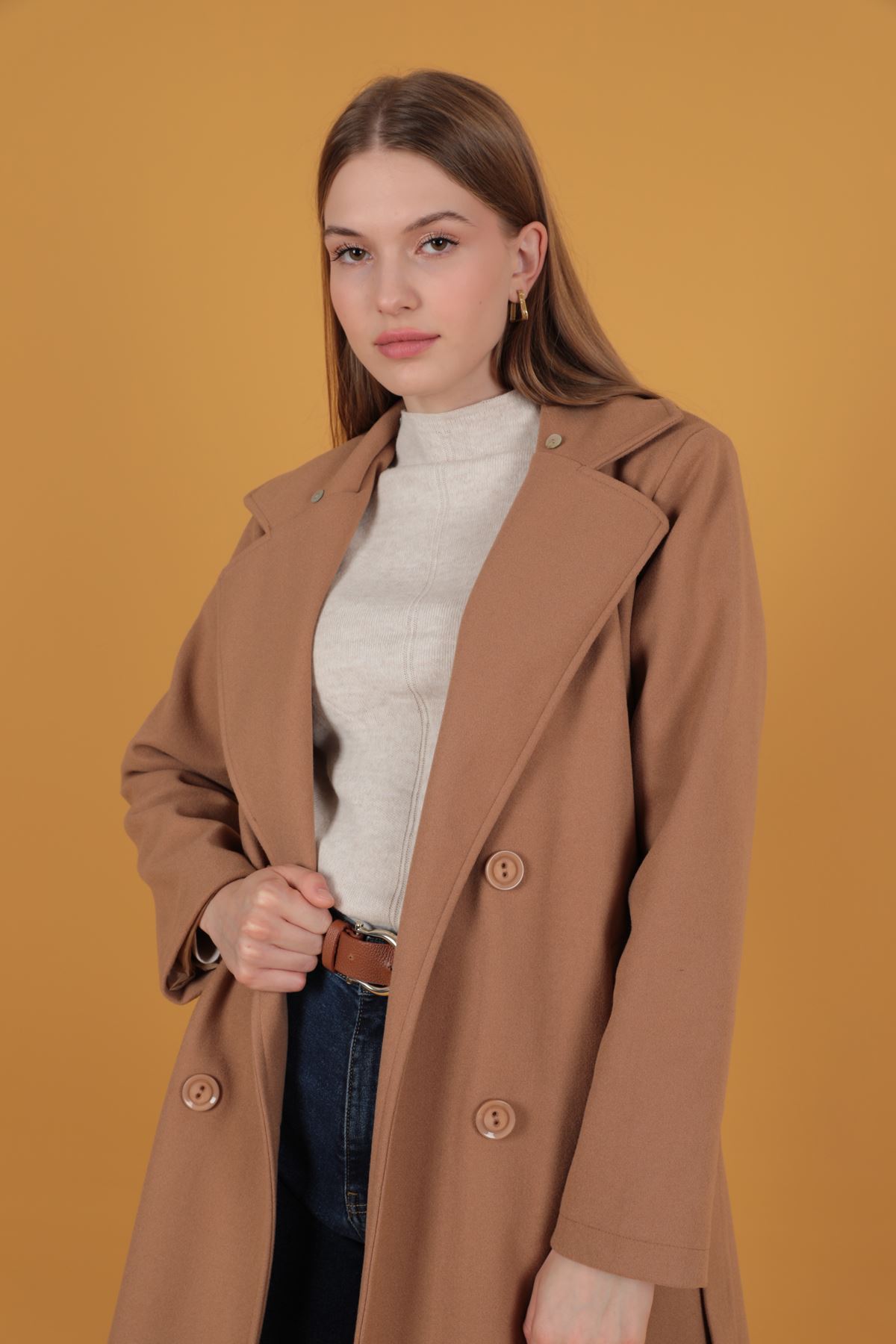 Fur Detail Women s Cashmere Coat Tan