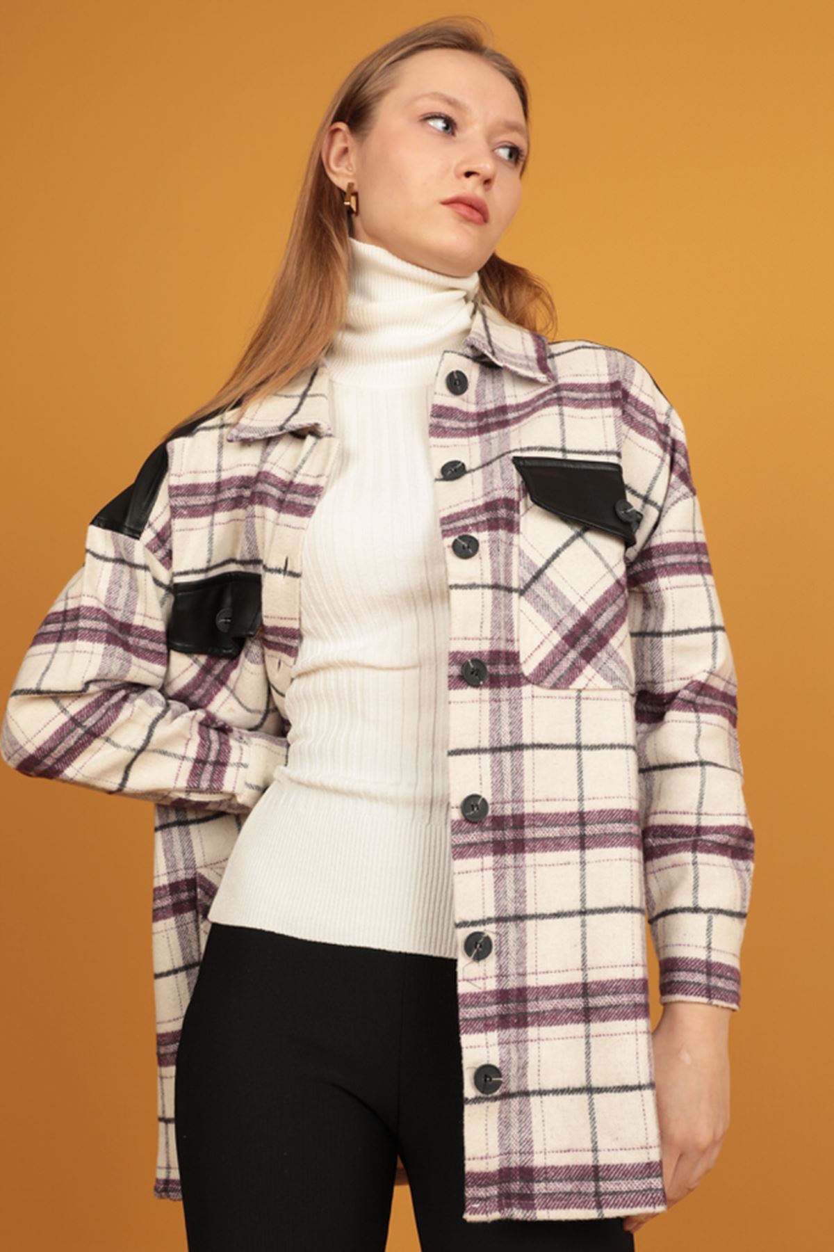 Deri Garnili Cepli Ekose Kadın Gömlek-Mor