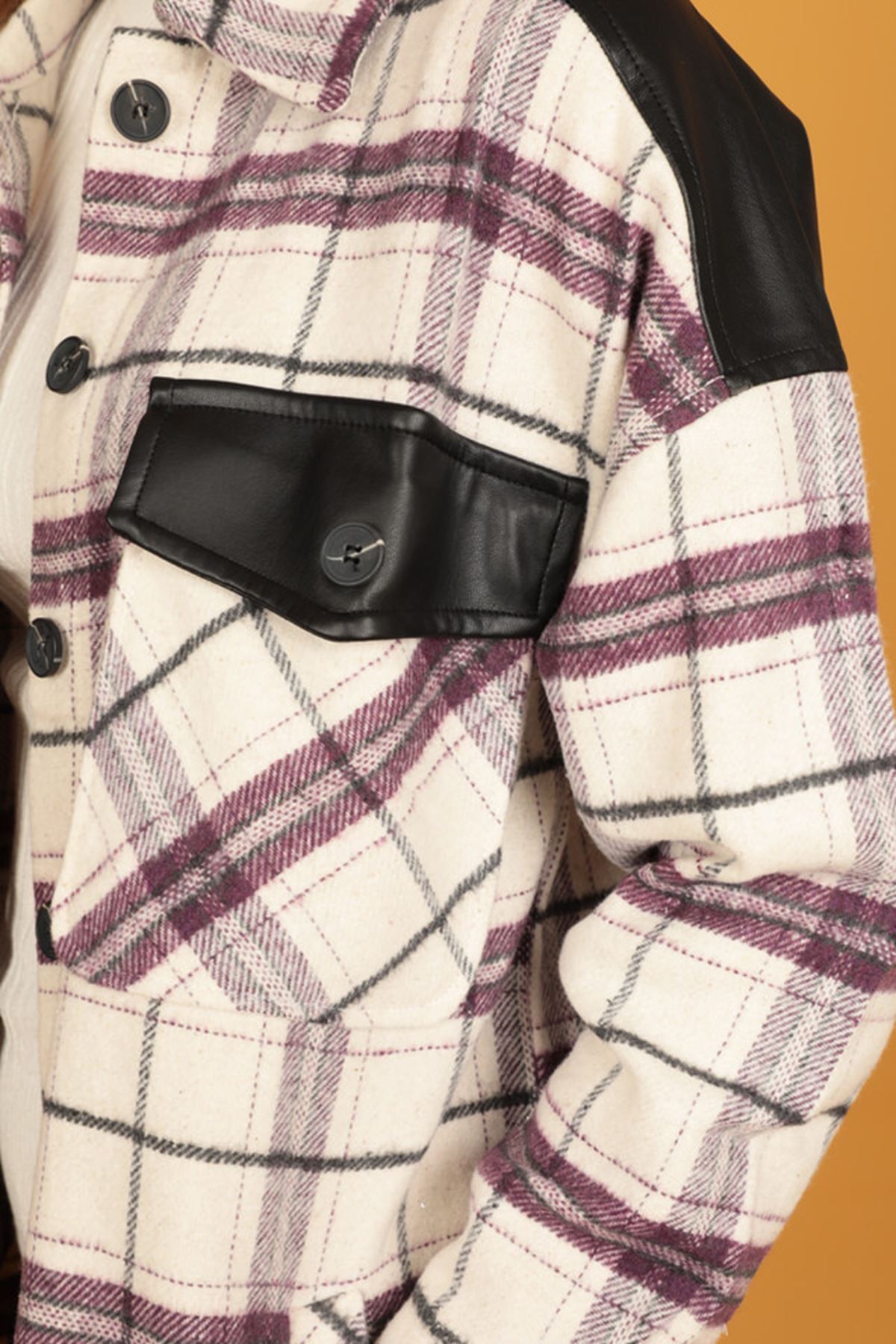 Deri Garnili Cepli Ekose Kadın Gömlek-Mor