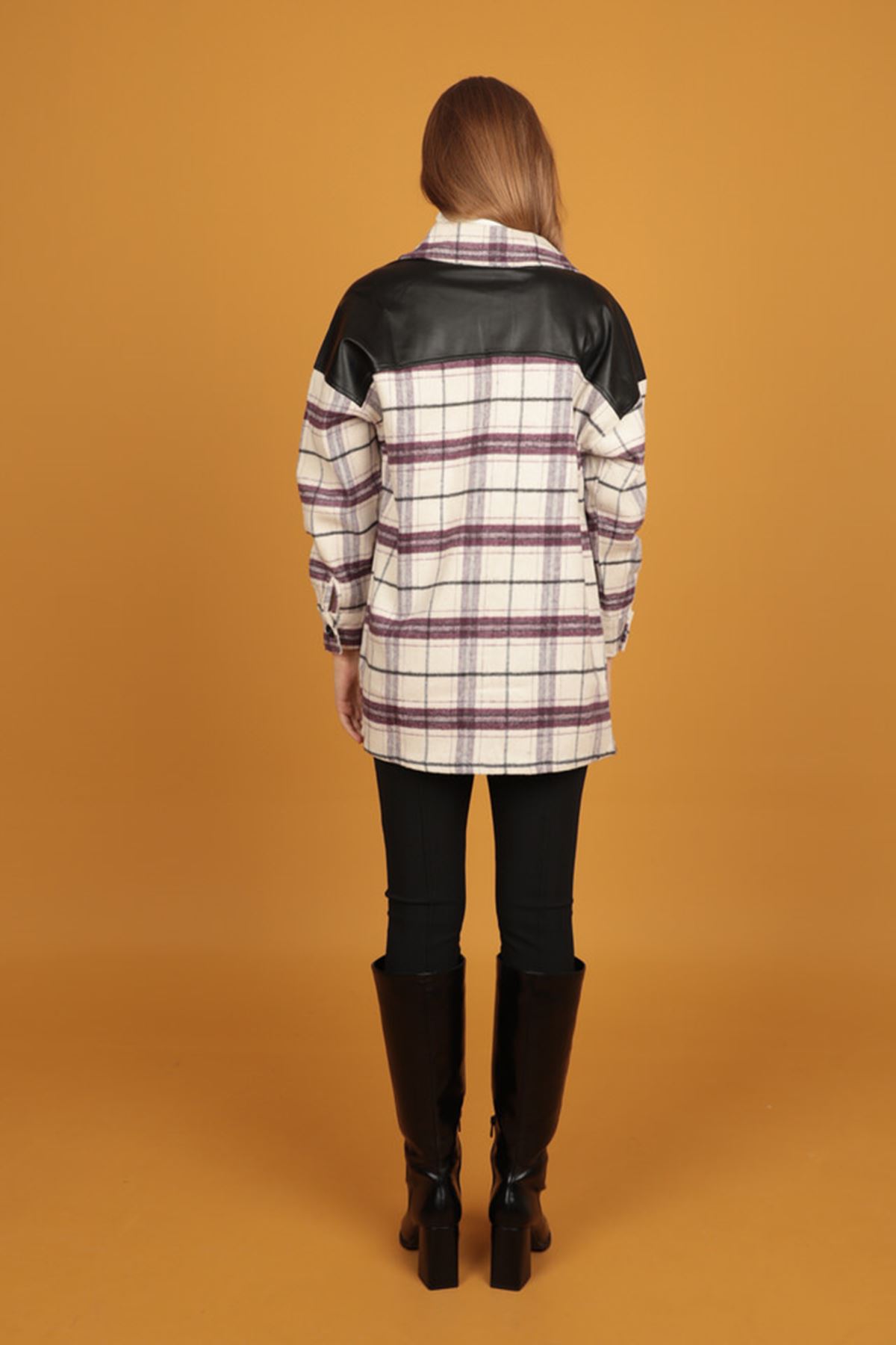 Deri Garnili Cepli Ekose Kadın Gömlek-Mor