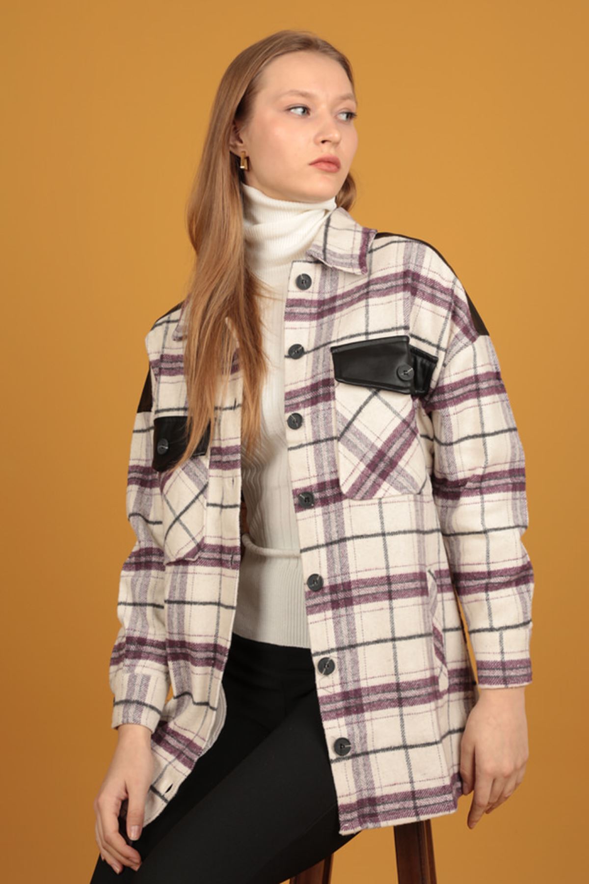 Deri Garnili Cepli Ekose Kadın Gömlek-Mor