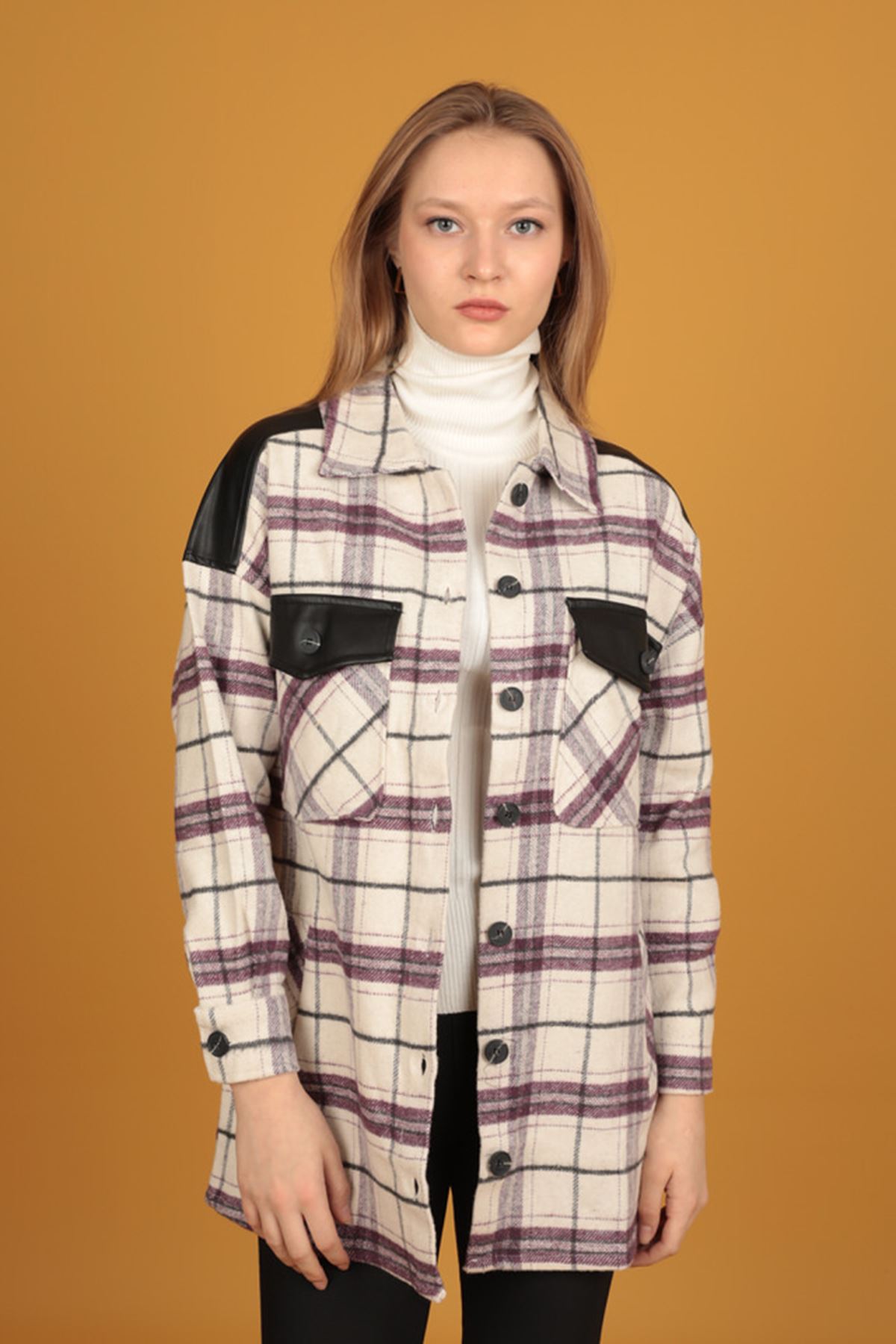 Deri Garnili Cepli Ekose Kadın Gömlek-Mor