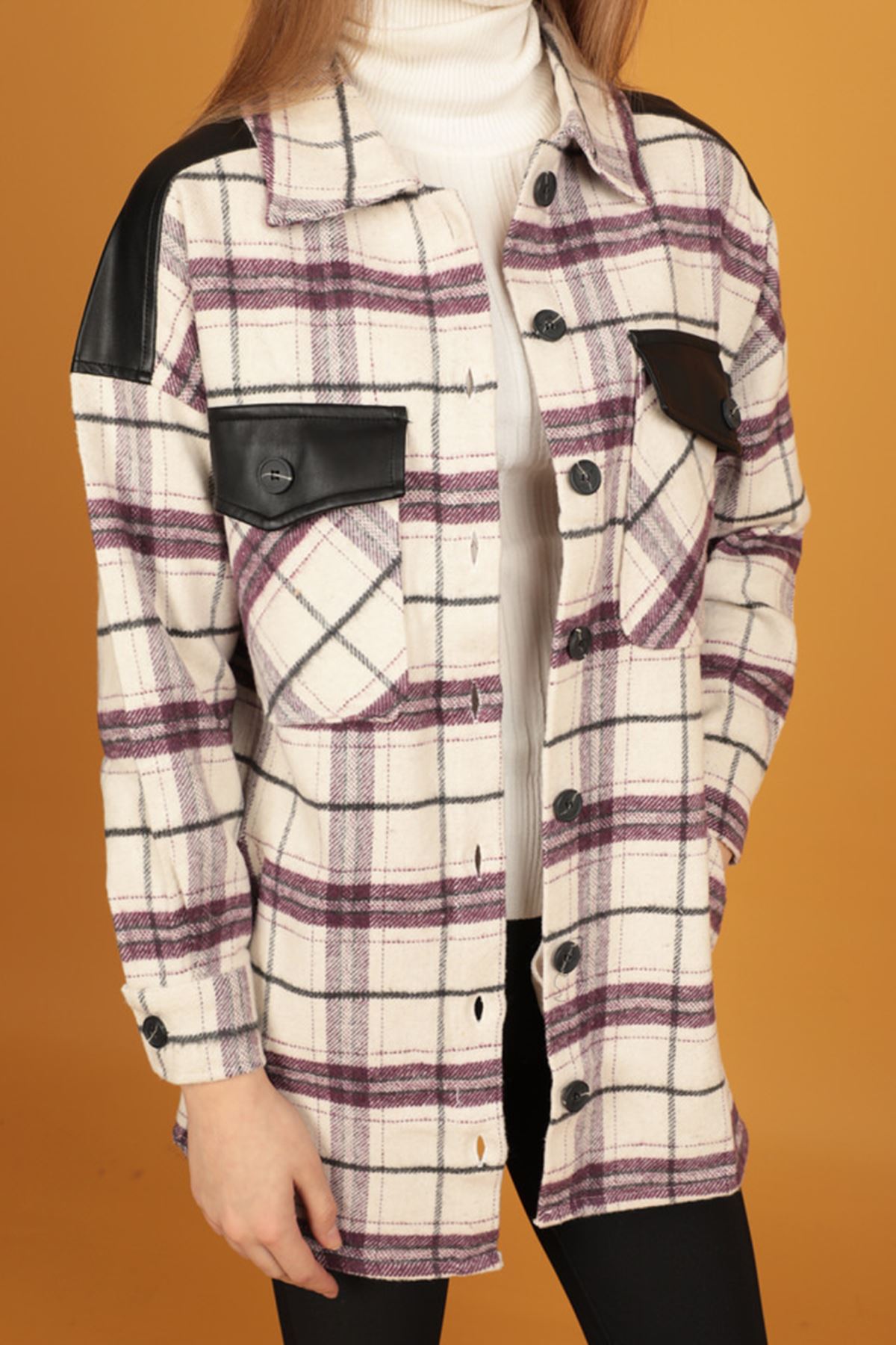 Deri Garnili Cepli Ekose Kadın Gömlek-Mor