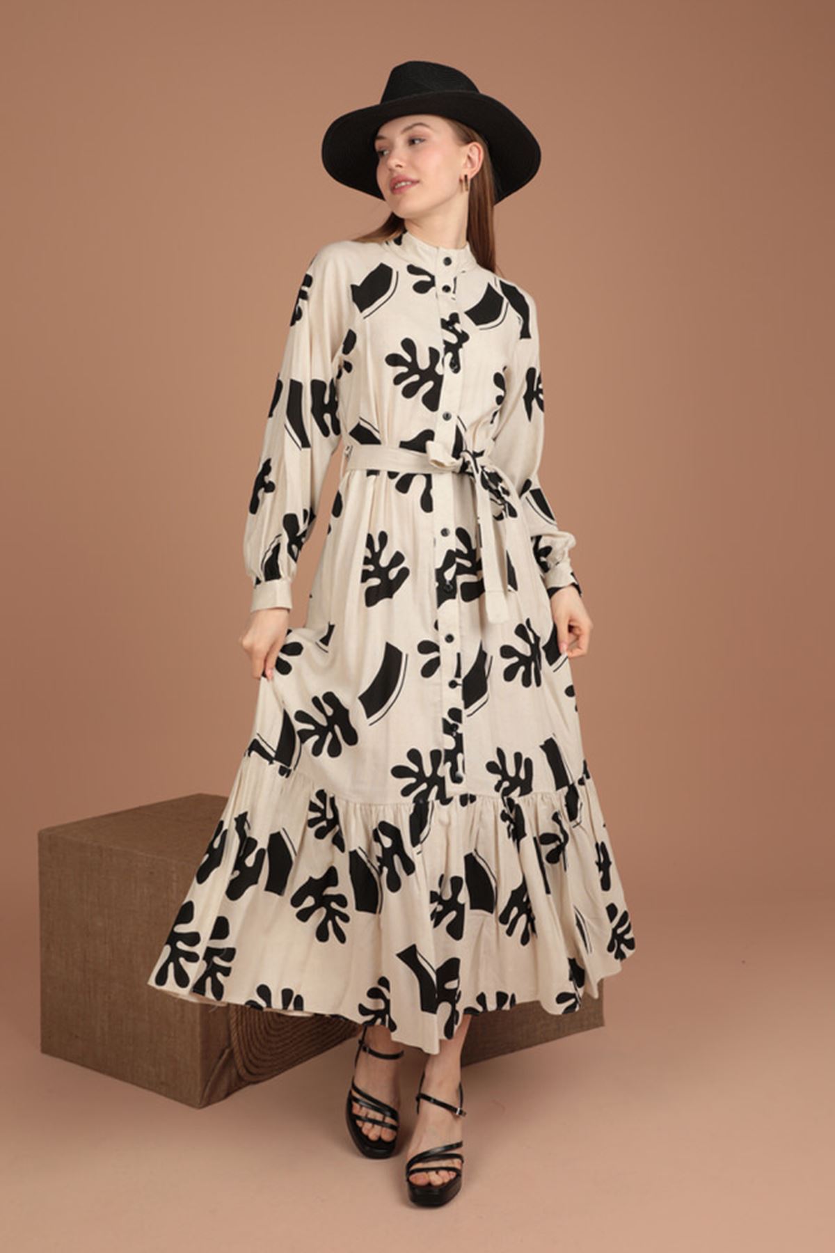 Linen Fabric Leaf Pattern Women Dress-Black