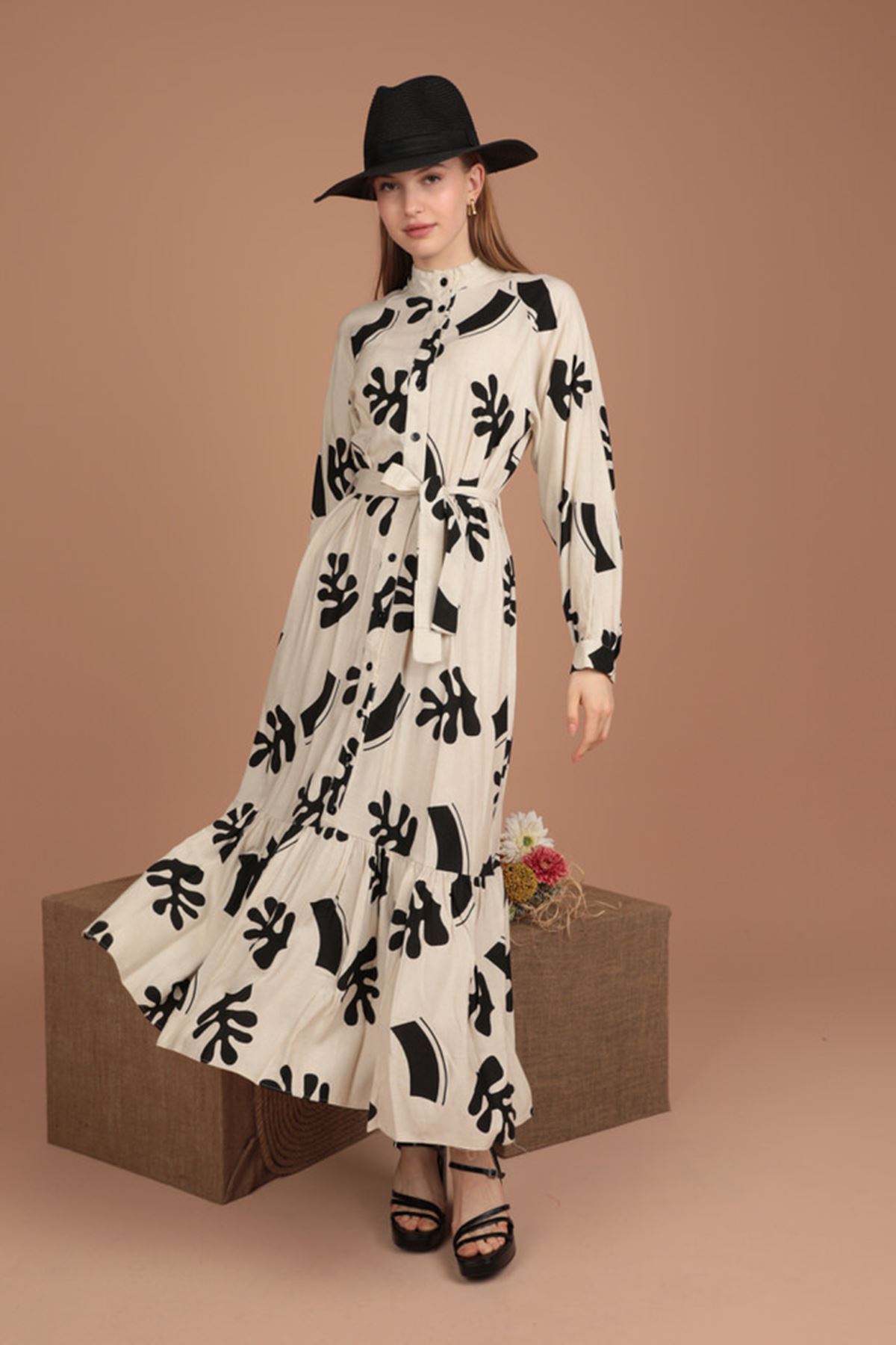 Linen Fabric Leaf Pattern Women Dress-Black