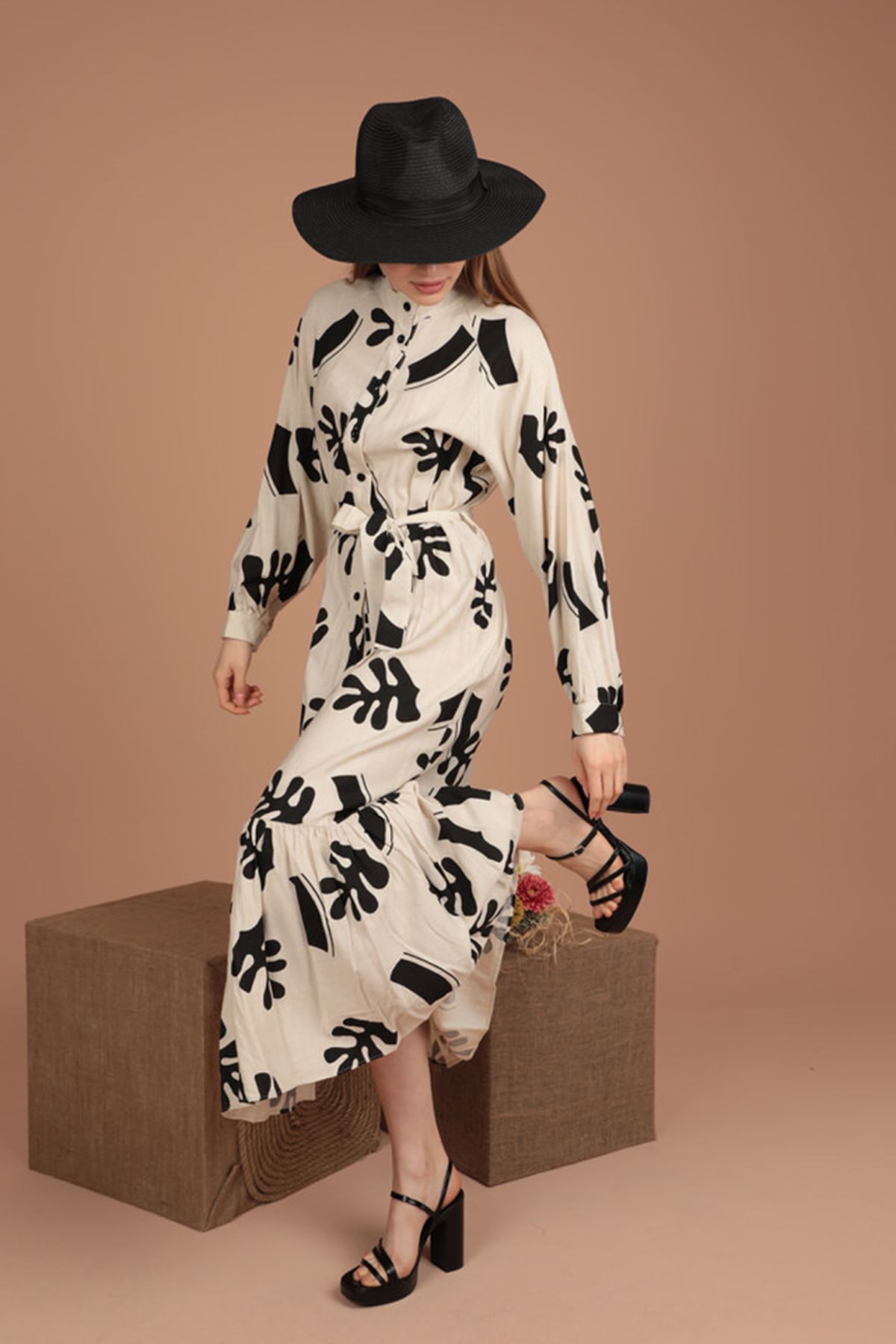 Linen Fabric Leaf Pattern Women Dress-Black