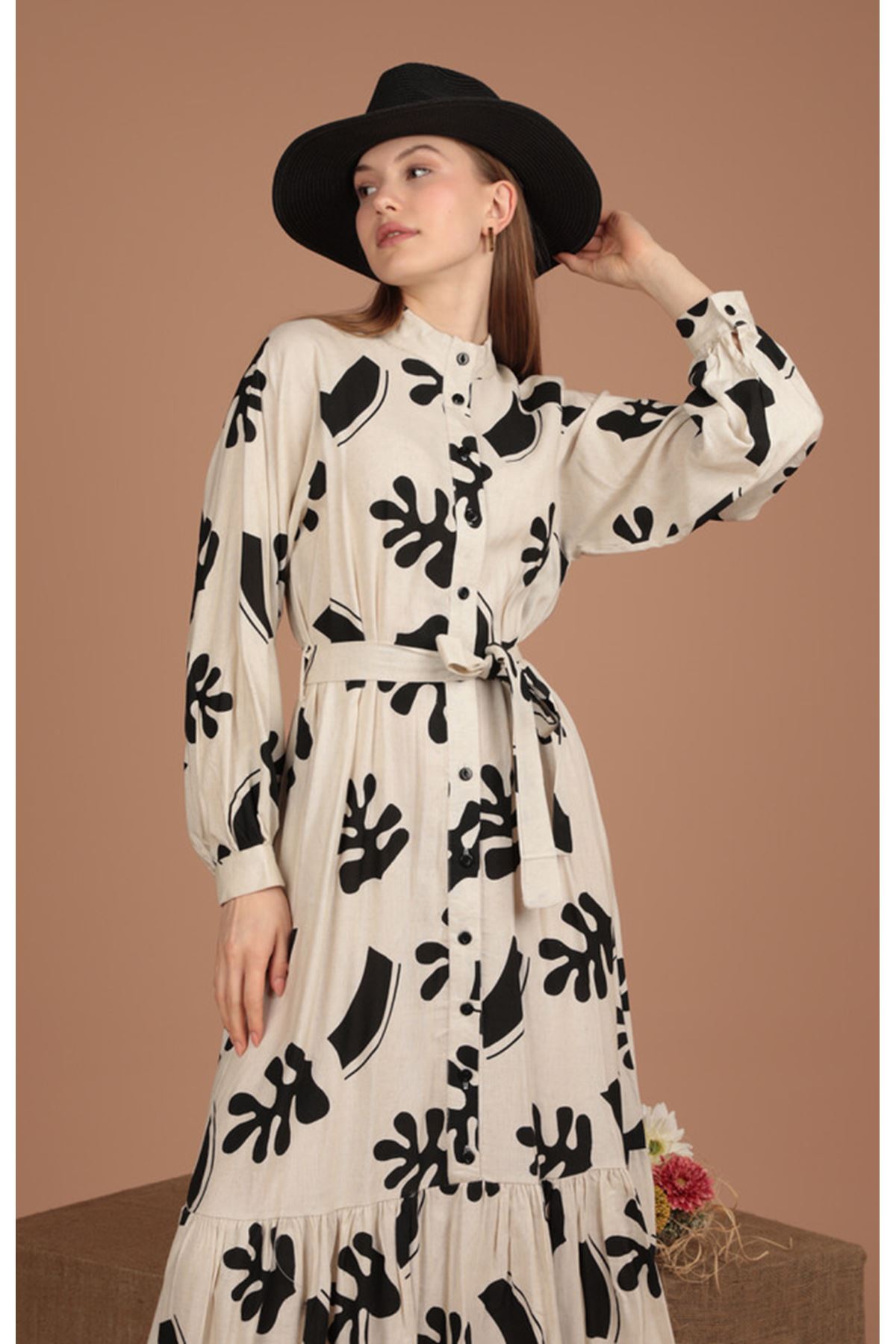 Linen Fabric Leaf Pattern Women Dress-Black