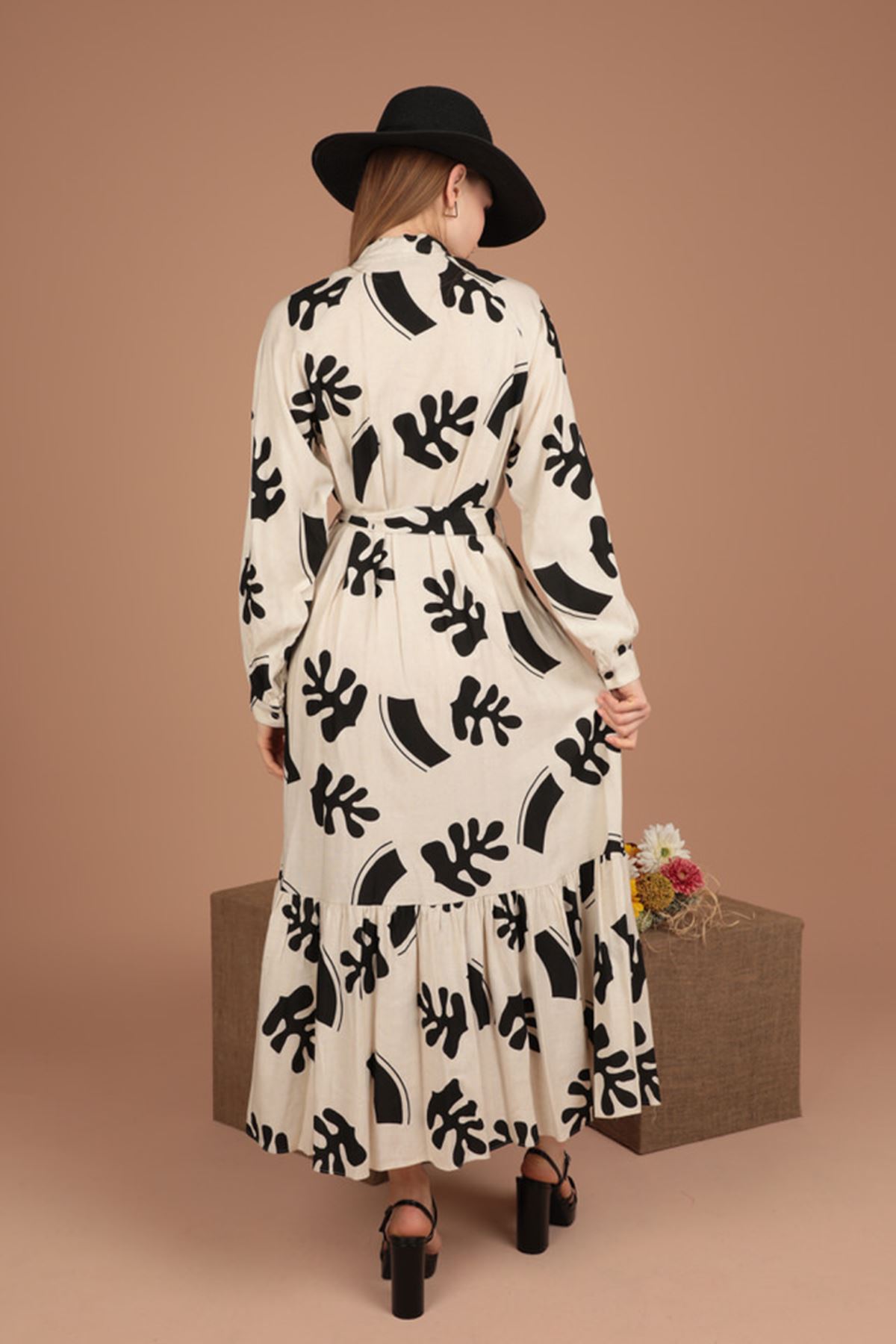 Linen Fabric Leaf Pattern Women Dress-Black