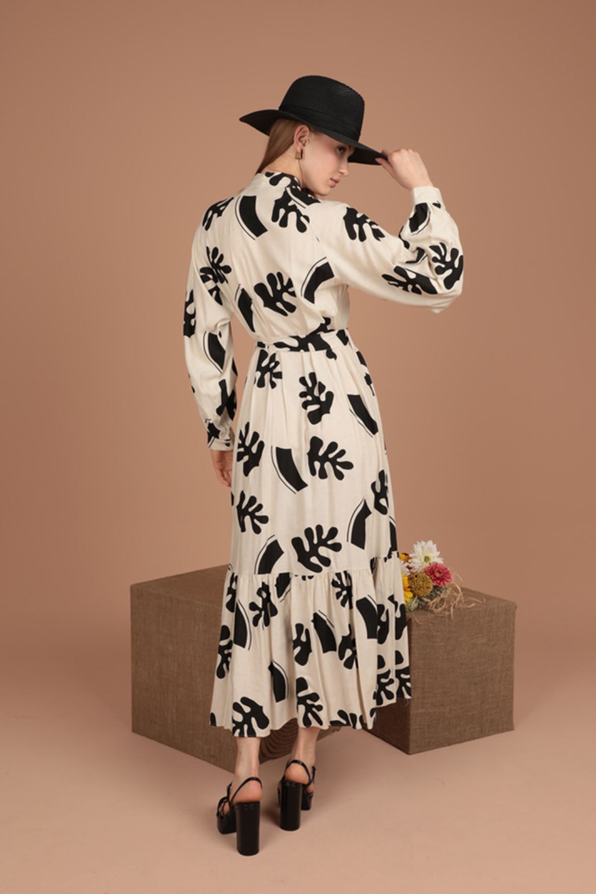 Linen Fabric Leaf Pattern Women Dress-Black