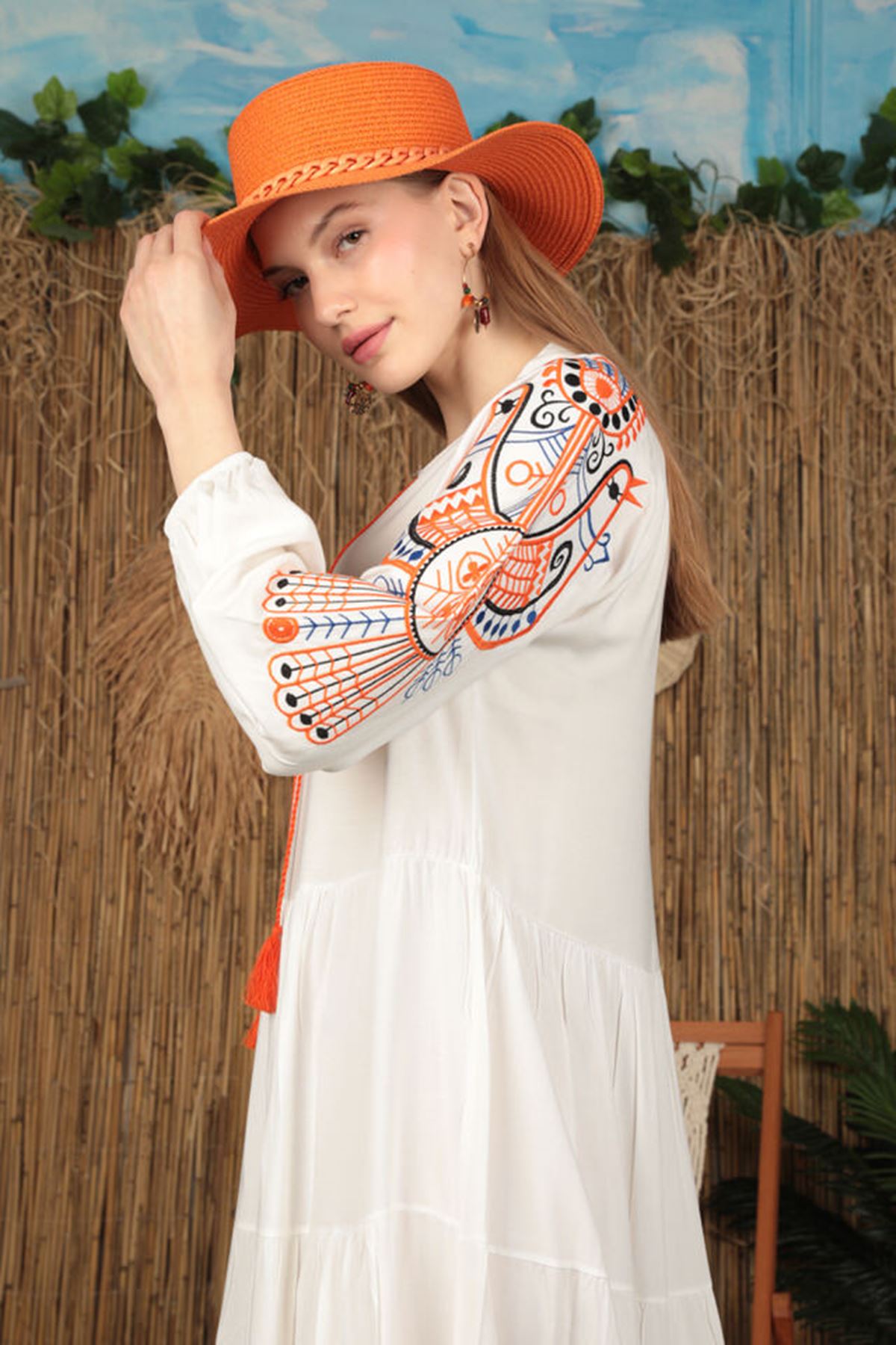 Viscose Fabric Colorful Embroidery Women's Dress-Ecru