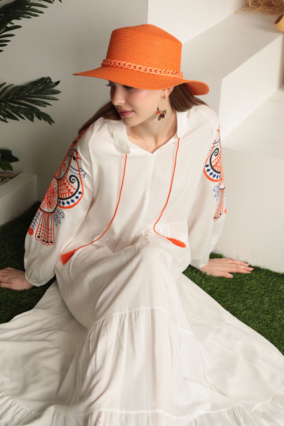 Viscose Fabric Colorful Embroidery Women's Dress-Ecru