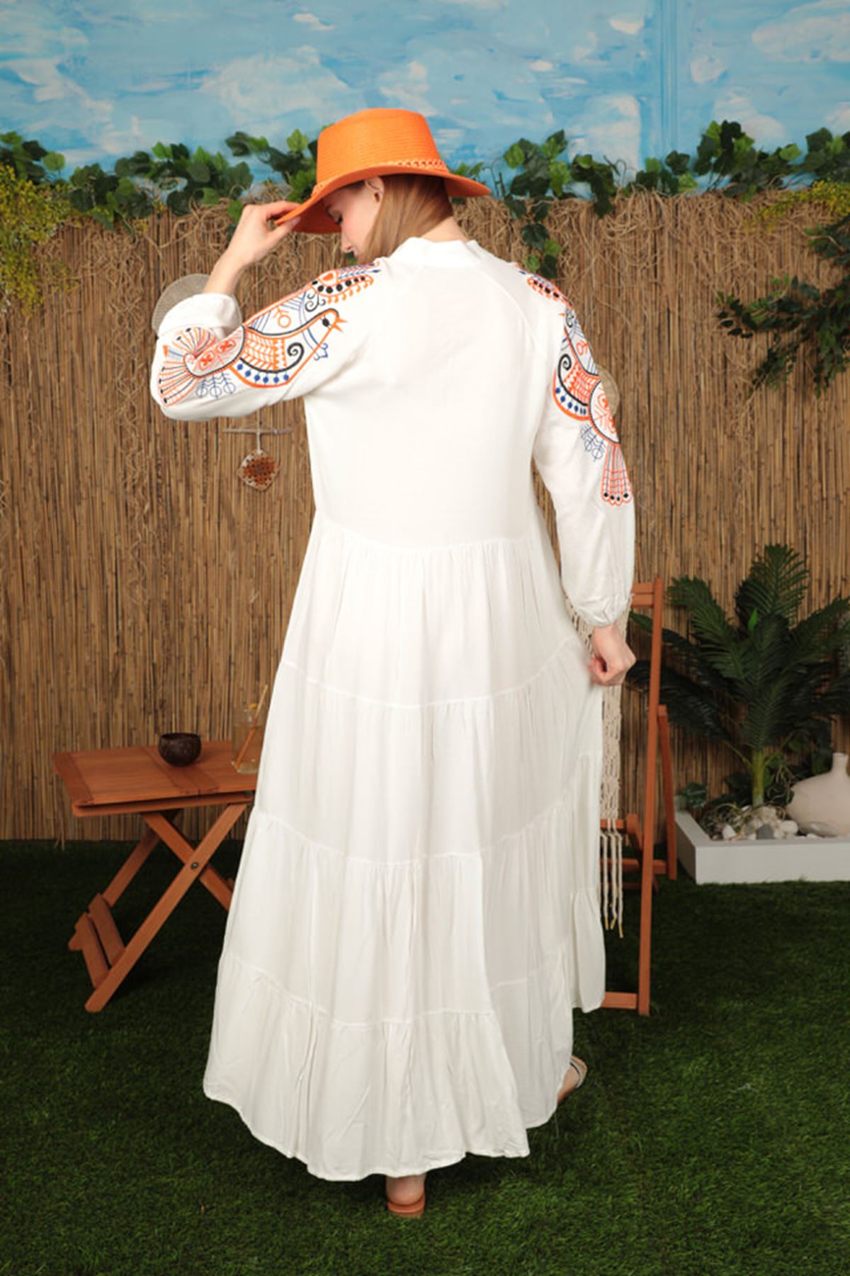 Viscose Fabric Colorful Embroidery Women's Dress-Ecru