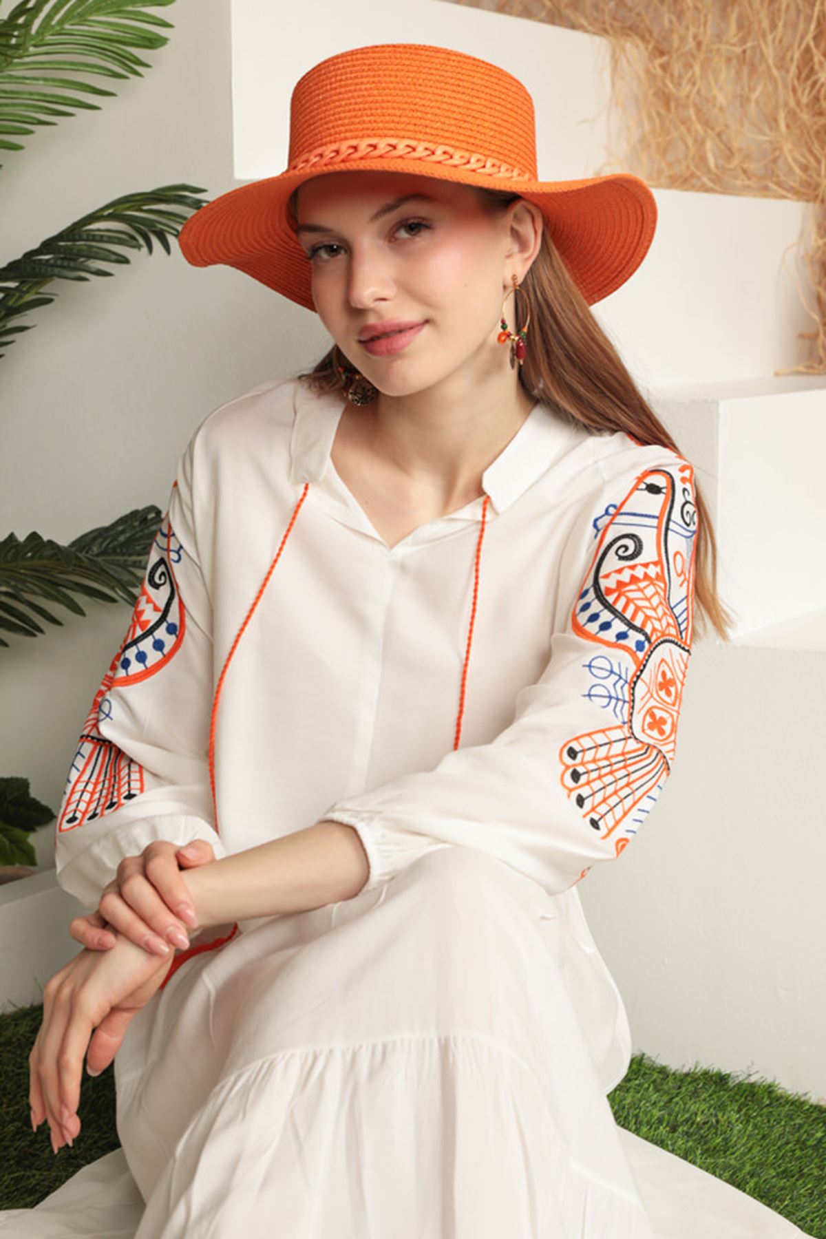 Viscose Fabric Colorful Embroidery Women's Dress-Ecru