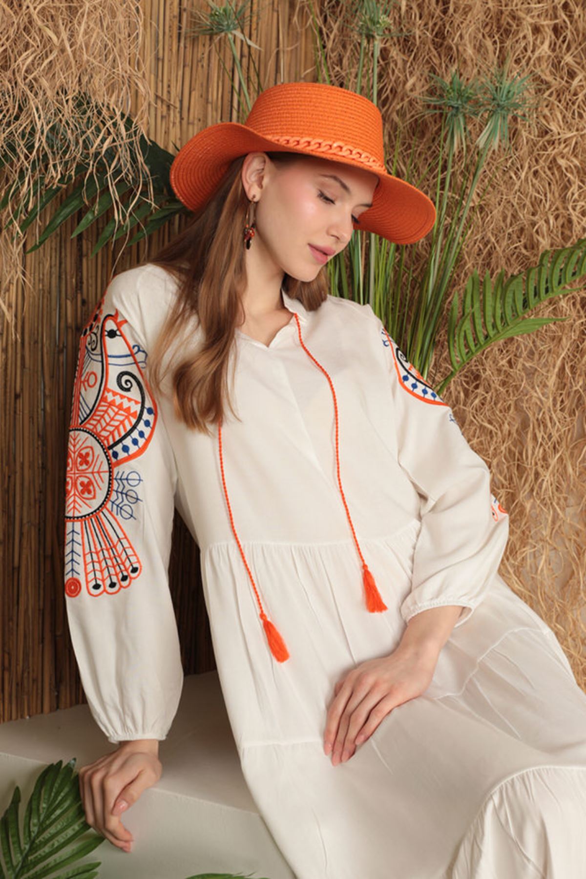 Viscose Fabric Colorful Embroidery Women's Dress-Ecru