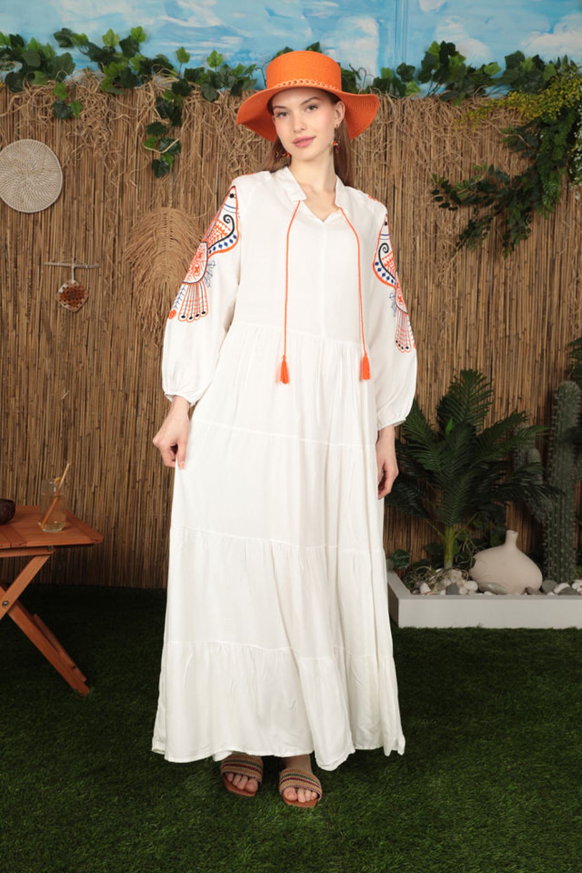 Viscose Fabric Colorful Embroidery Women's Dress-Ecru