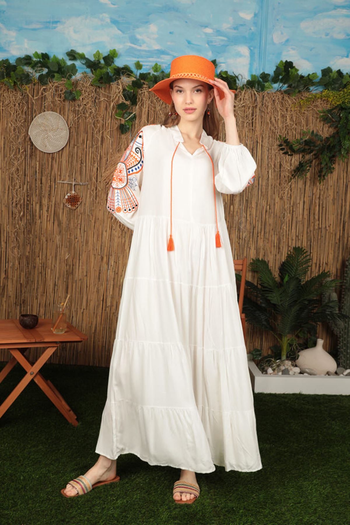 Viscose Fabric Colorful Embroidery Women's Dress-Ecru