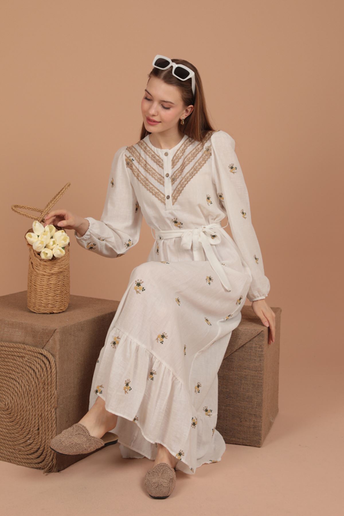 chinese dress ladies Palm Damask Flutter Cap Sleeve Dress
