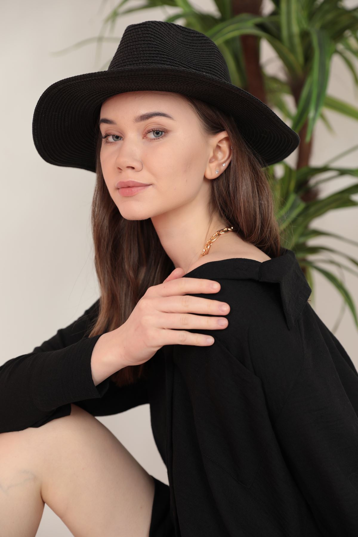 Hasır Şerit Detaylı Kadın Şapka-Siyah