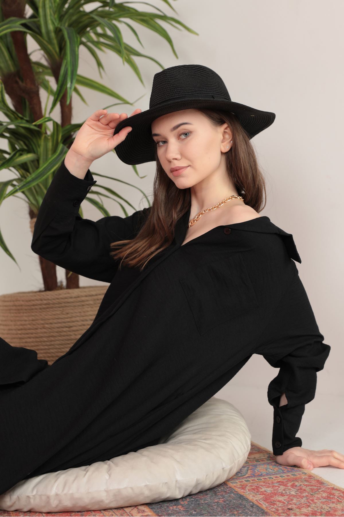 Hasır Şerit Detaylı Kadın Şapka-Siyah