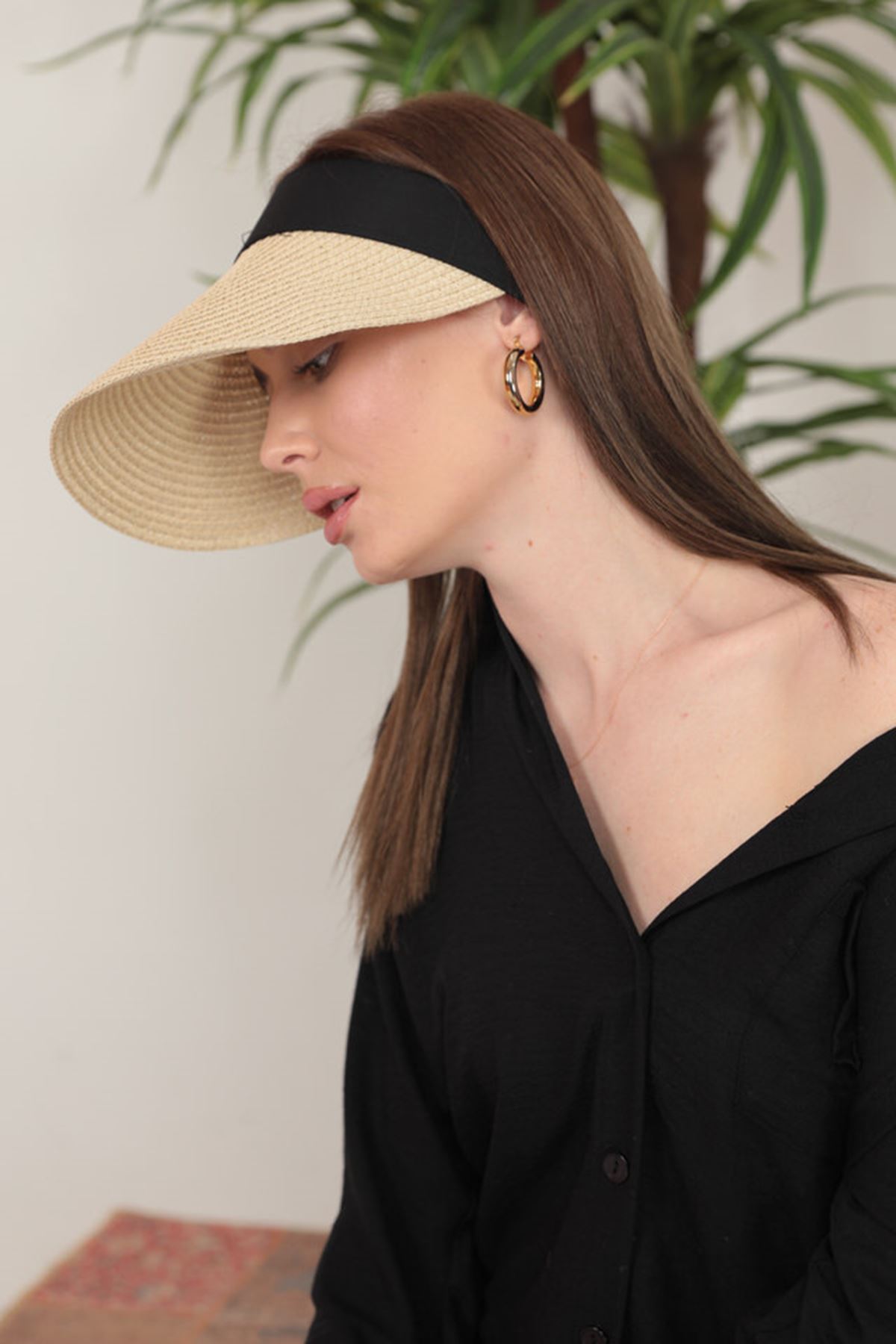 Hasır Kadın Vizör Şapka-Bej