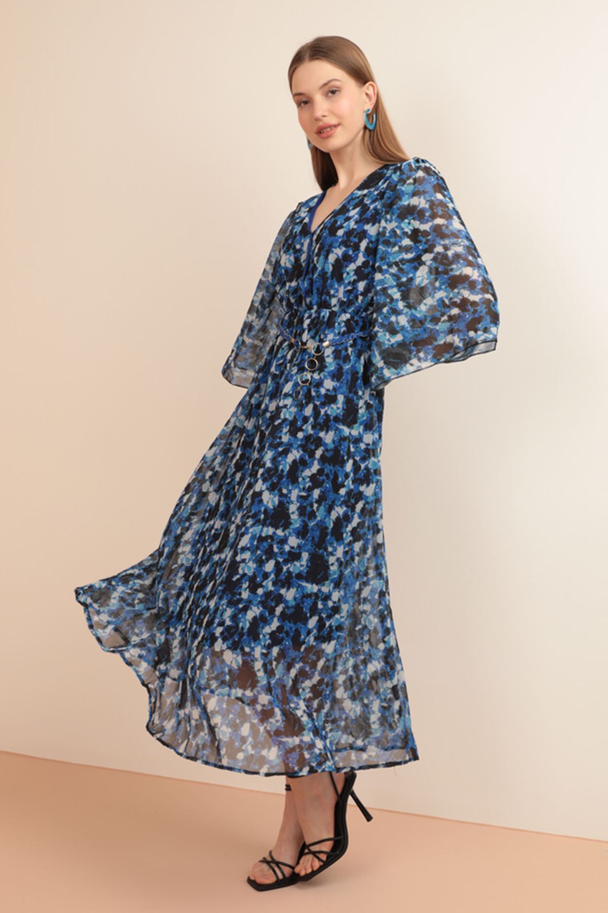 Chiffon Fabric Anvelop Shoulders Ruffled Midi Women's Dress-Royal