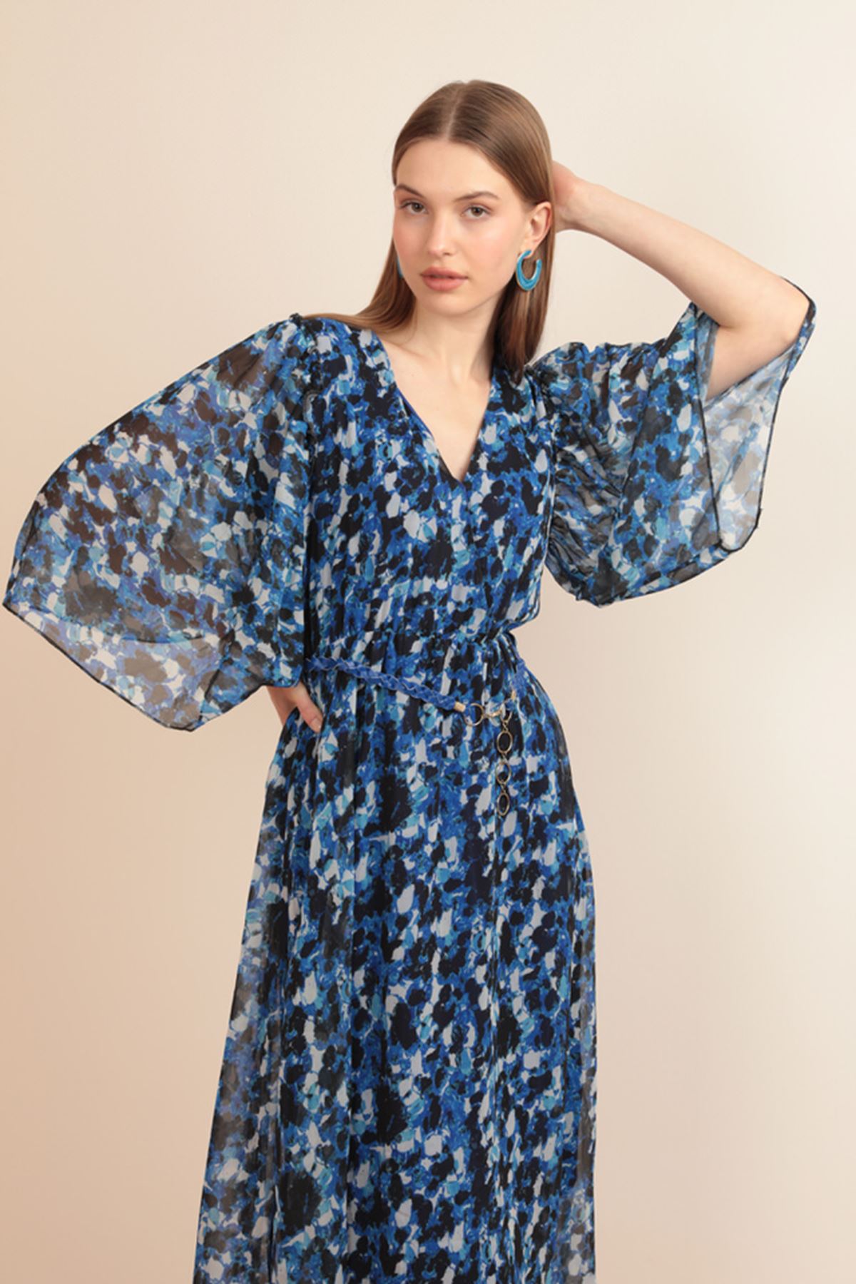 Chiffon Fabric Anvelop Shoulders Ruffled Midi Women's Dress-Royal