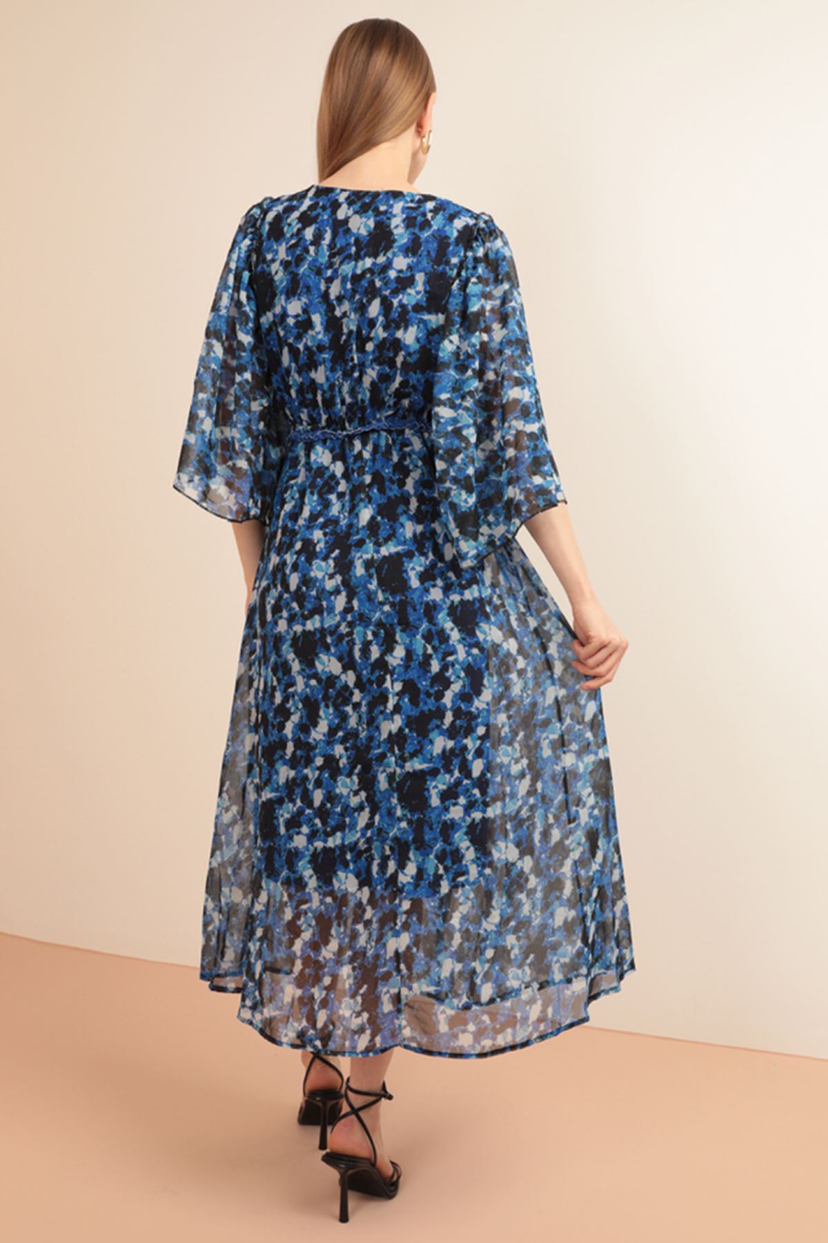 Chiffon Fabric Anvelop Shoulders Ruffled Midi Women's Dress-Royal