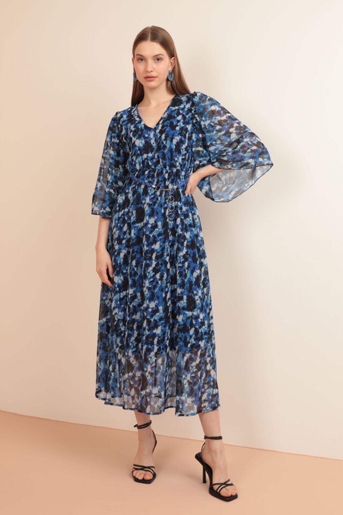 Chiffon Fabric Anvelop Shoulders Ruffled Midi Women's Dress-Royal