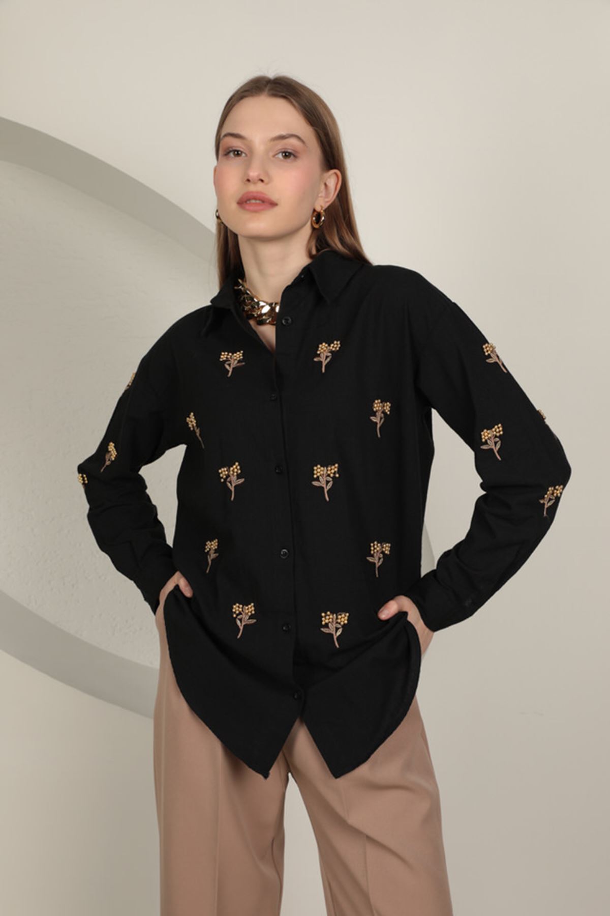 Keten Kumaş Boncuk İşlemeli Kadın Gömlek-Siyah---