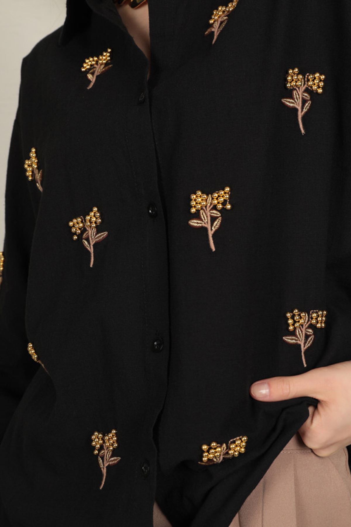 Keten Kumaş Boncuk İşlemeli Kadın Gömlek-Siyah---