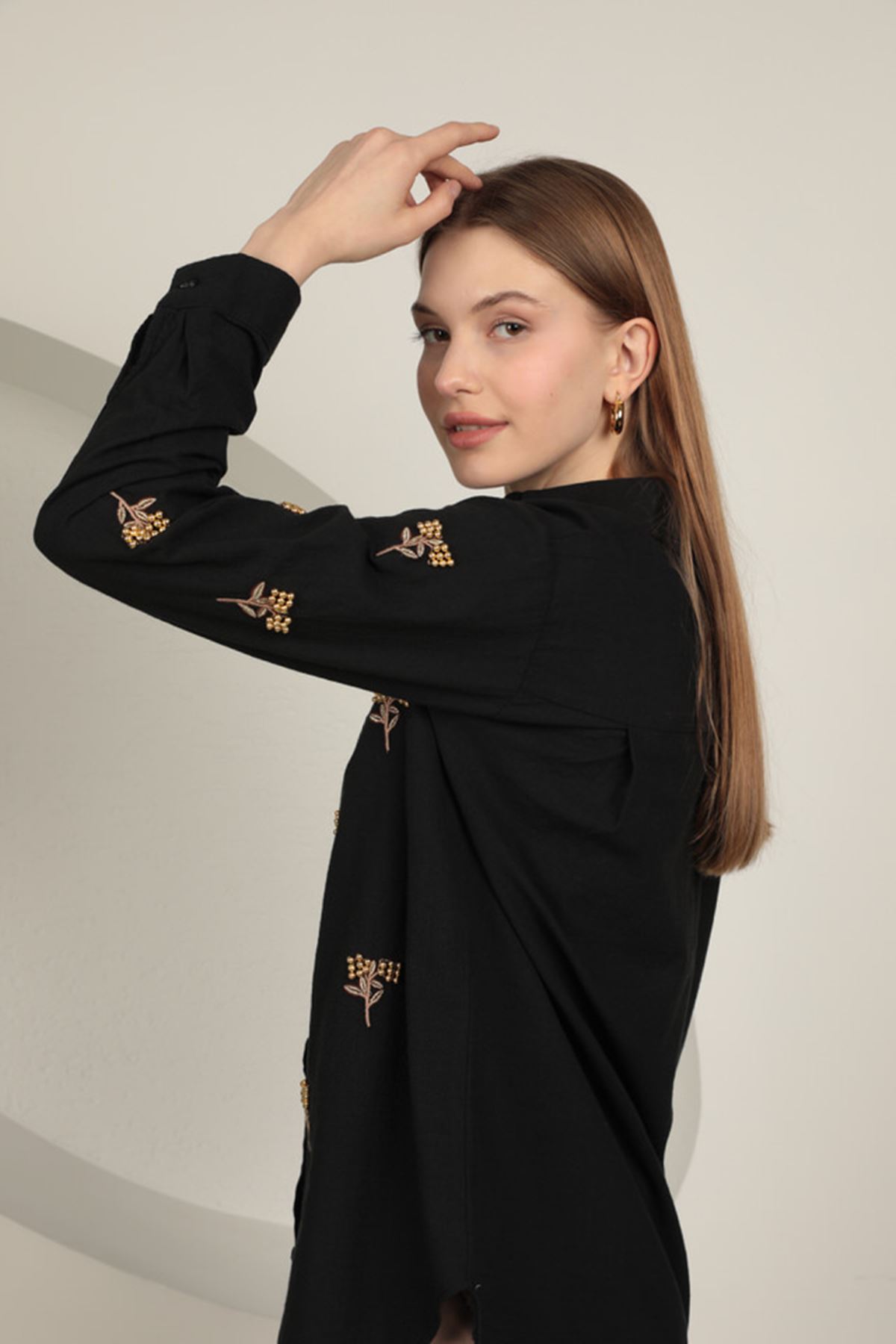 Keten Kumaş Boncuk İşlemeli Kadın Gömlek-Siyah---