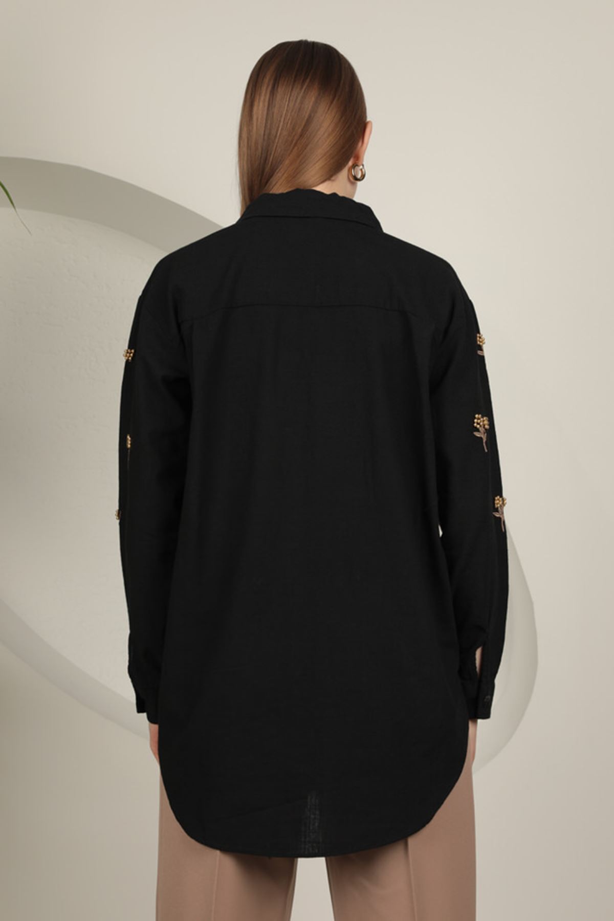 Keten Kumaş Boncuk İşlemeli Kadın Gömlek-Siyah---