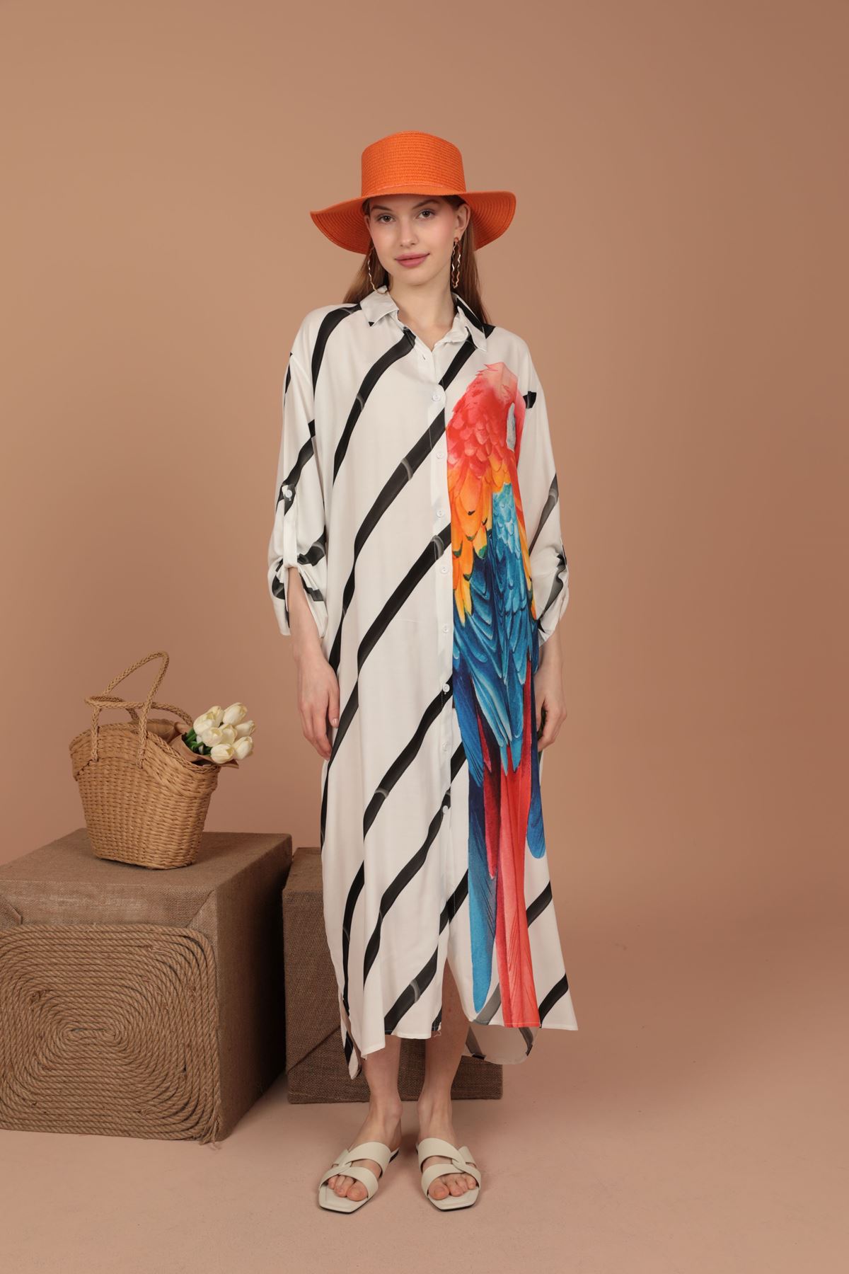 Viscose Fabric Parrot Pattern Women's DressBlack-Kaktüs Moda